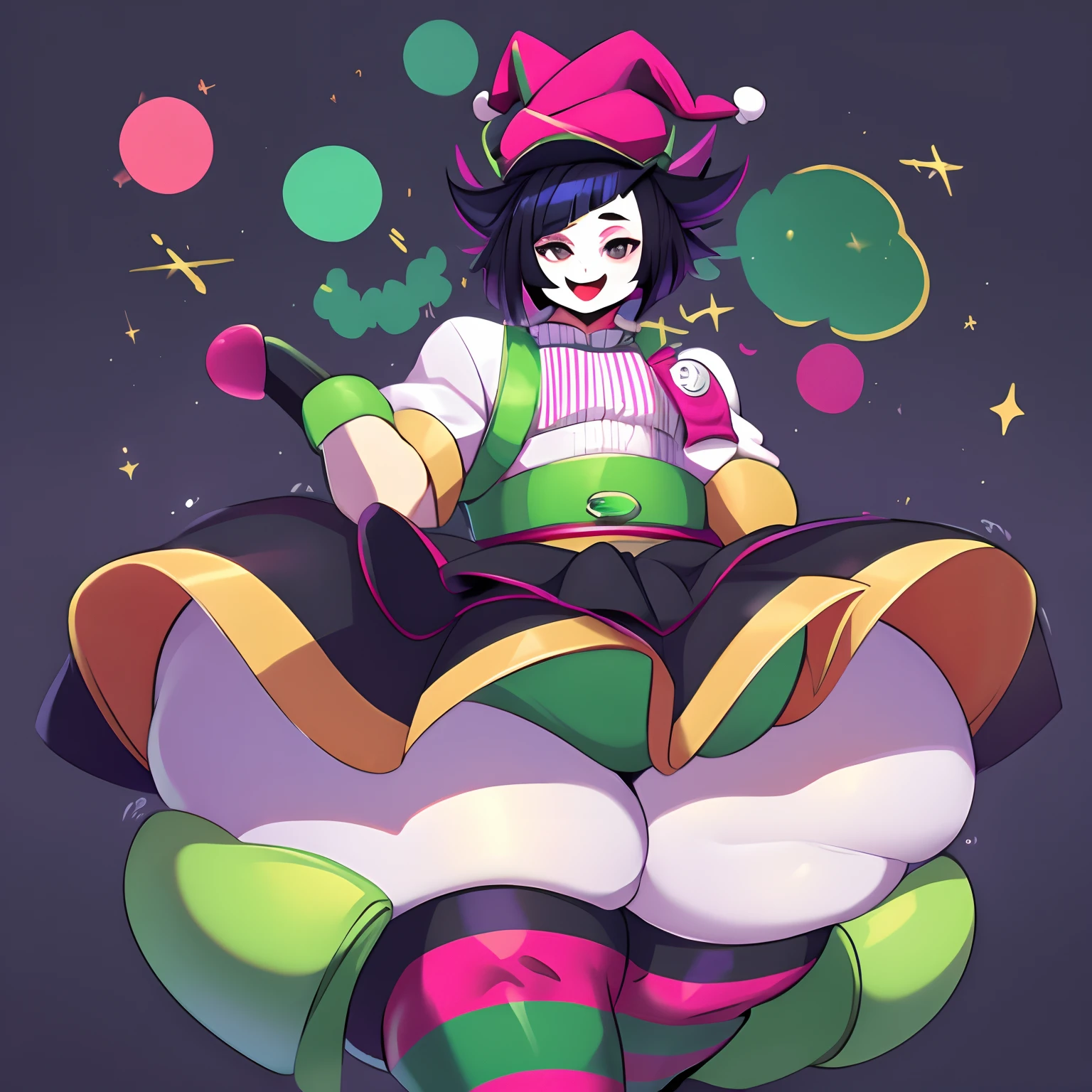 Cute , Handsome clown ((boy))with gray eyes, pink and black hair, Lila Vanrouge as a Cl own, Black  and Green Jester hat, Massive thighs, Huge ass, High Aesthetic, masterpiece, High quality ,solo,((clown))，clowncore, Anime,hentai\clown