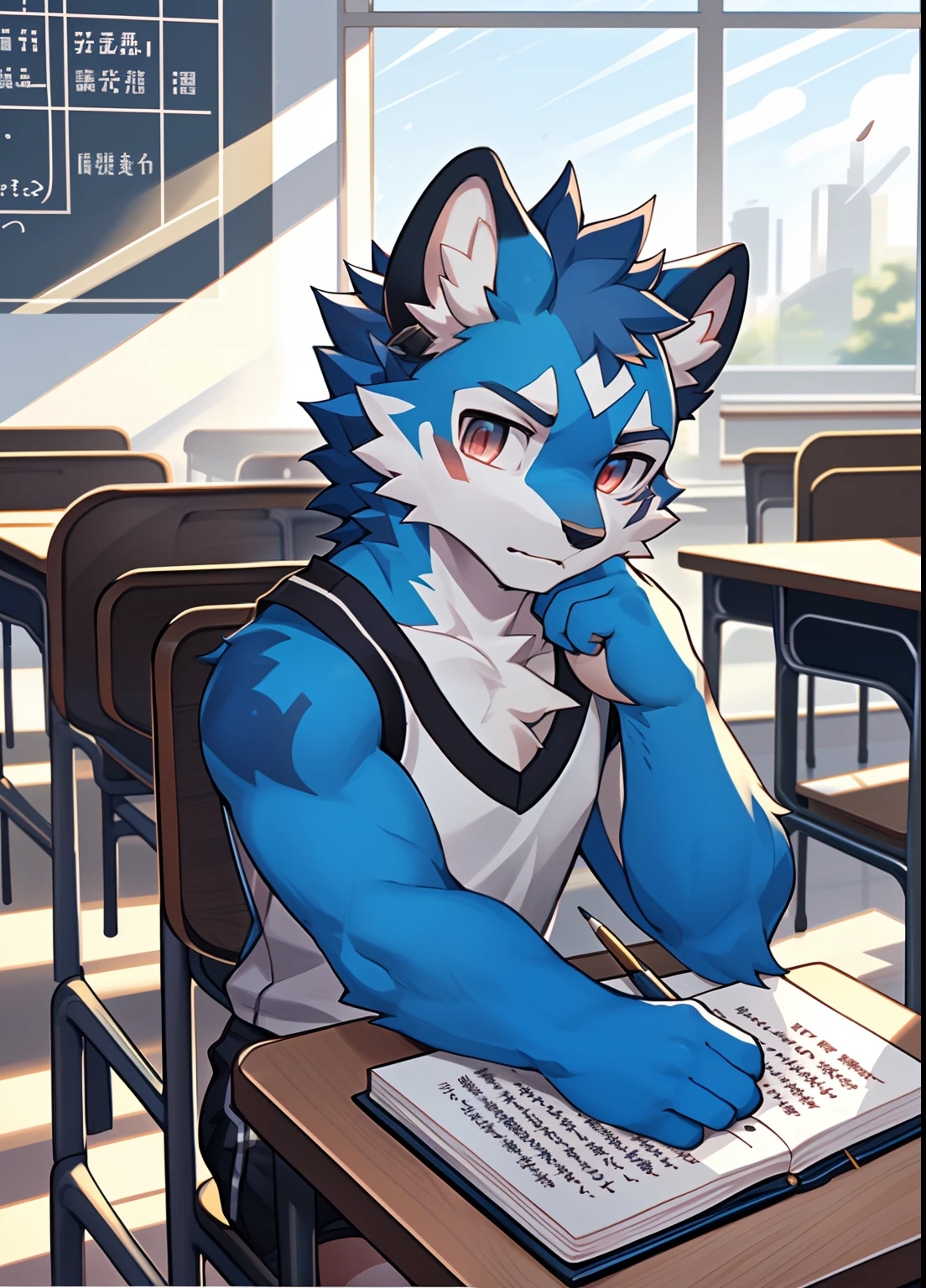eyes with brightness, in a panoramic view, Character Focus Solo, shaggy, Furry male wolf, White fur for men,blue ear,Blue pattern on the face, blue color eyes, White color hair(The long),Wear blue shorts and shorts,CasualClothing,Young style,Height one meter eight,Handsome, has a tail,high school senior,Classroom,Left eye closed,Hold a book in your right hand