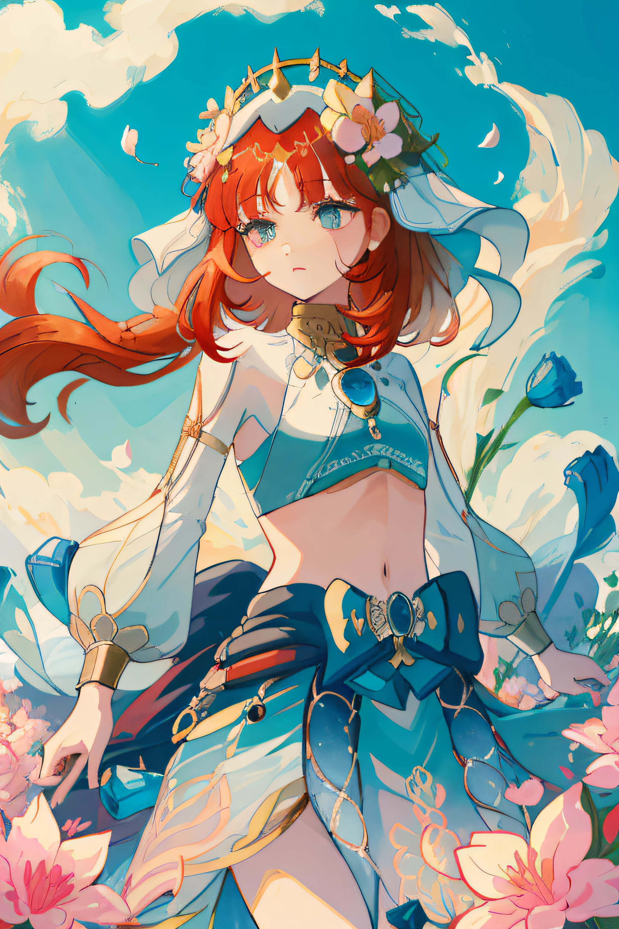 Hungry clothes, nilou (genshin impact) nilou (neither flower nor mist) (genshin impact), (((red hairs)))、(((masterpiece))), (((top-quality))), ((The ultra-detailliert)), (illustratio), (1 girl in), (独奏), ((extremely delicate and beautiful)), tiny girl, ((Beautiful detailed sky)), beautiful finely detailed eyes, dull bangs on the sides, hairs between eyes, bow ribbon, bare shoulders, (tiny chest), blank stare, pleatedskirt, Closer to the viewer, ((breezing)), Flying splashes, Flying, Scattered petals, the wind,