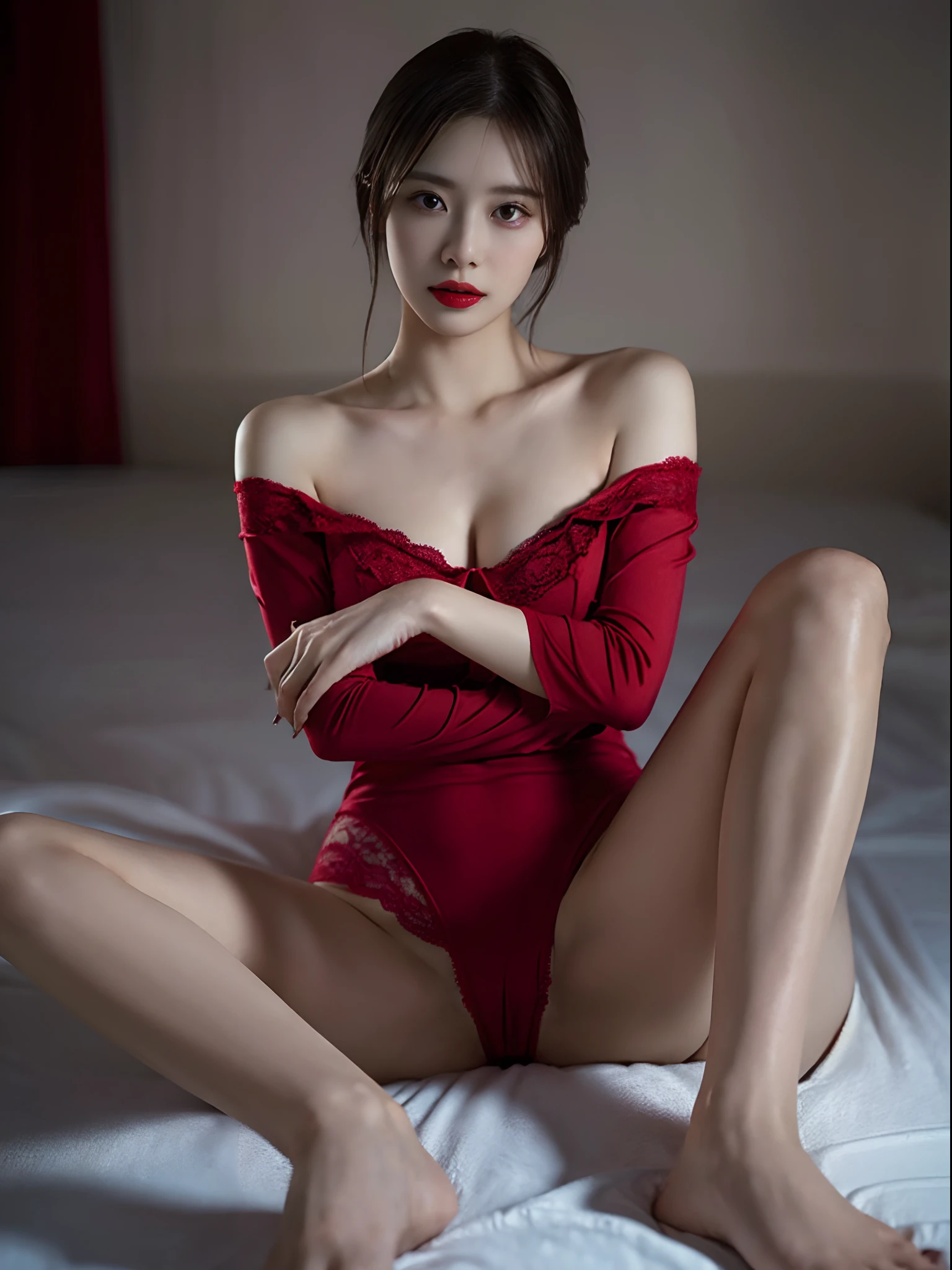 NSFW, (((Erect ))), ((top-quality、8K、masuter piece:1.3)), 1 female, Beautiful girl emphasizing slender abs:1.3, 爆乳:1.2, Pose Seductive, Sexually seductive facial expressions, (Wearing ultra-thin red lace underwear: 1.4, Open your crotch, that are about to spill, Red Off-Shoulder, are visible, Cinematic lighting, hyperdetailed face, High detailed lips, A detailed eye, double-edged eyelid, Ecchi,