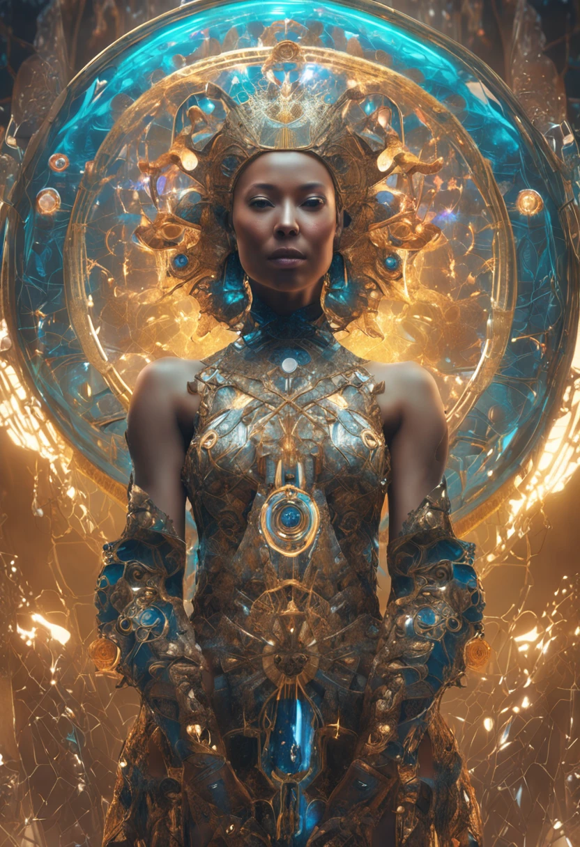 Uma mulher espectral de fantasmas 3D, iluminada por um brilho dourado