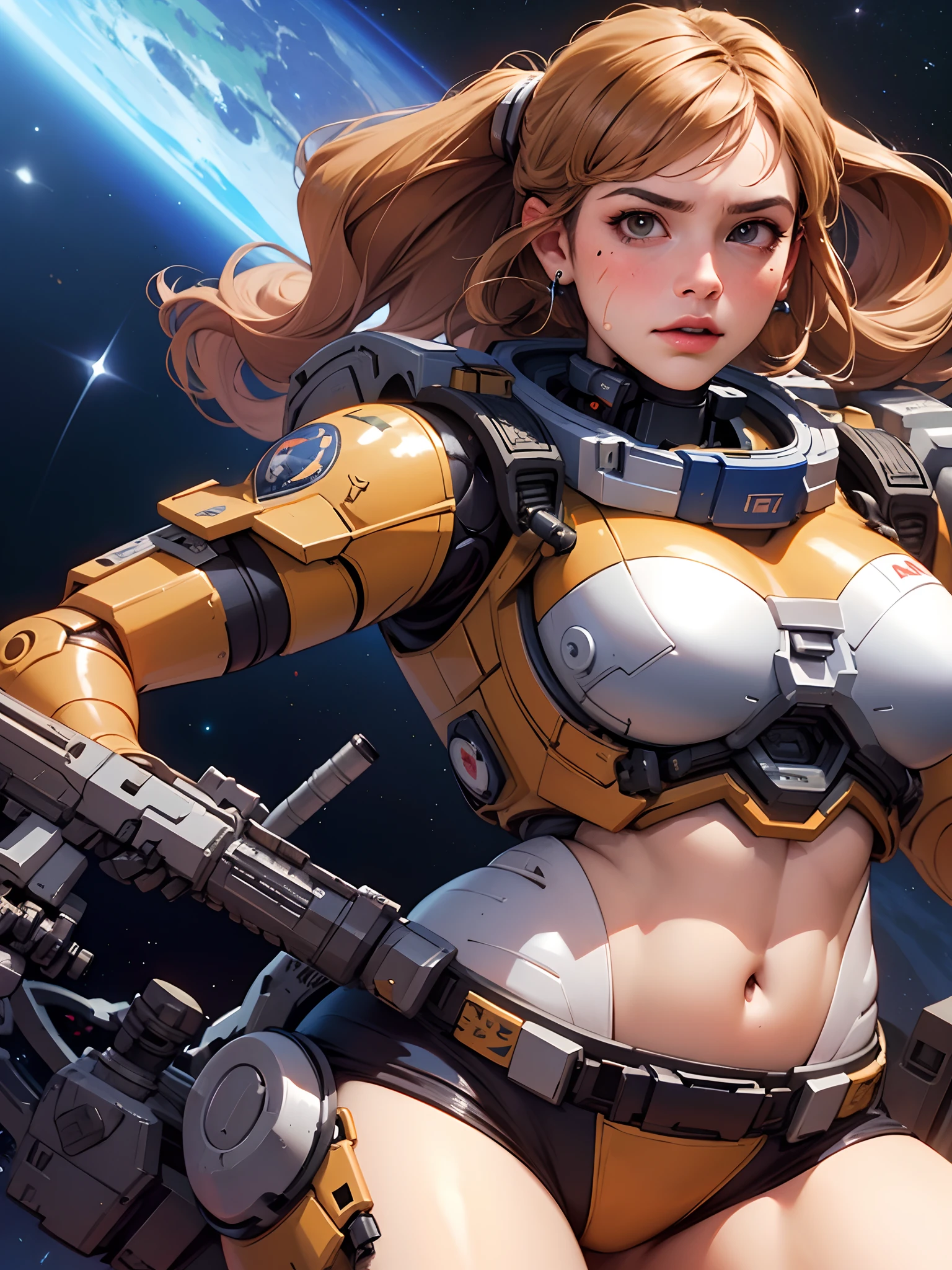 (Space Battlefield [Space Mobile Fortress]),[独奏],[[ANIME]] (Bionic Girl Beauty (14years))((well-muscled)) [plump] (Astronauts Cyborg) [Space Marine Corps Military [MASCHINEBODY]],Iron Spear [[Machine Gun Bazooka] Saber Rifle Bullet Belt Firearm][[Rocket Pack]],Gravure Spatial Combat[[catfight]] Battle Damage,[reallistic],[Details of face],(Beautiful skin expression [Transparency]) (Skin details),[Physical details] (Realistic body) [Well-proportioned proportions],[Perfect Anatomy],[White Devil],Zero Gravity Front,[Desaturation],(High Quality),(hight resolution)[Graffiti art with a sense of narrative].