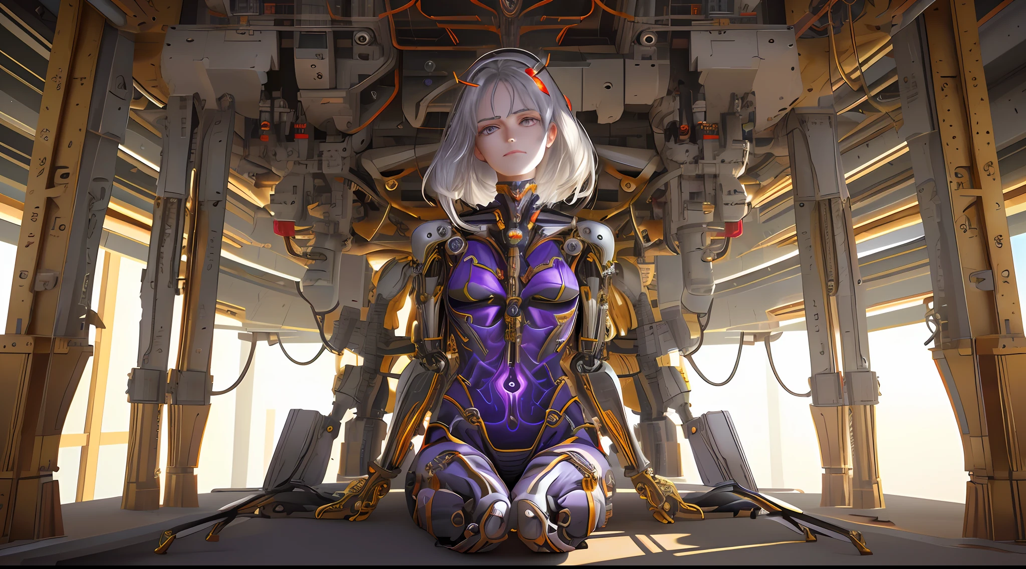 1 mechanical girl, batle alita angel | | |, ((super realistic details)), portrait, global illumination, shadows, octane rendering, 8k, super sharp, metal, complex, ornamental detailed, cool colors, egyptian details, highly complex details, realistic light, CGsociety trends, bright eyes, facing camera, Neon details, mechanical limbs, blood vessels attached to tubes, mechanical vertebrae attached to the back, mechanical cervical vertebrae attached to the neck, Full body, purple wires and cables attached to the head, (heel socks), (red blood), (golden yellow armor, silver white), (transparent bone), provocative sexy posture, bikini white, red