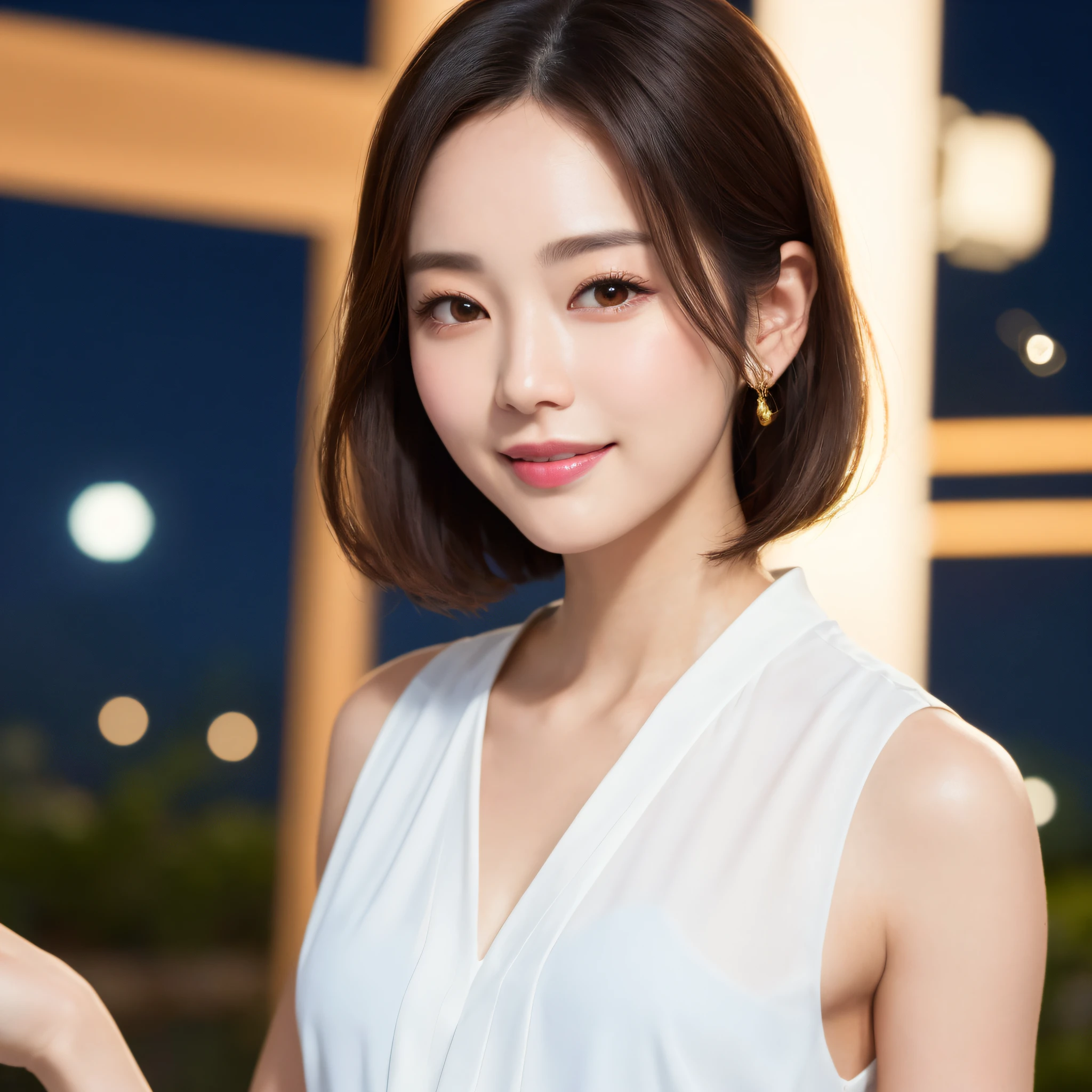 One lady、((best qualtiy、8k masterpieces:1.3))、foco nítido:1.2、(ultra beautiful faces:1.0)、(shinny skin:1.0)、photos realistic、A dark-haired、Video Lighting、High-definition eyes and face、Video Lighting、(Korean Cute Actress)、from the front side、medium breasts、(ssmile:1.2)、Sleeveless、Slender Abs Beauty、Whole body、Wearing a white blouse、in tokyo at night