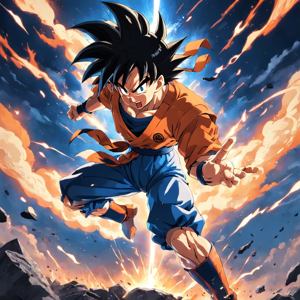 Goku in a positive pose, at the battlefield, Produced by Akira Toriyama