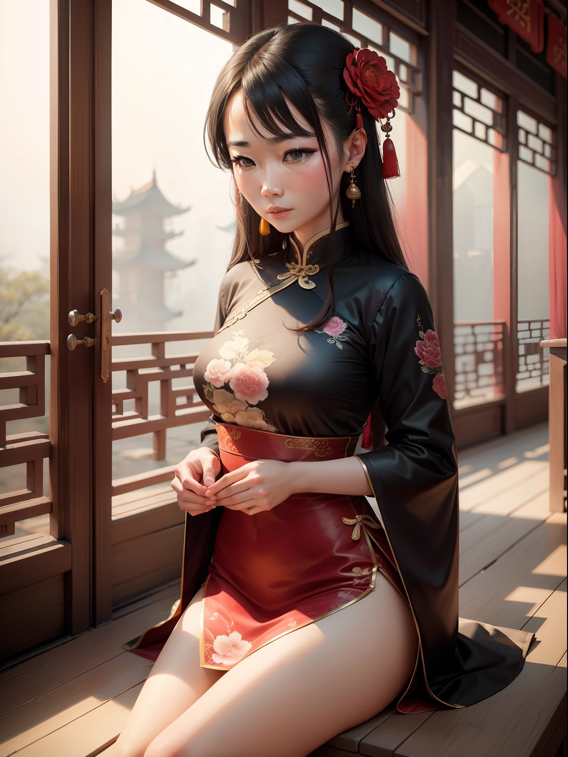 Black hair, red eyes girl 1 person, cheongsam, sitting, sexy