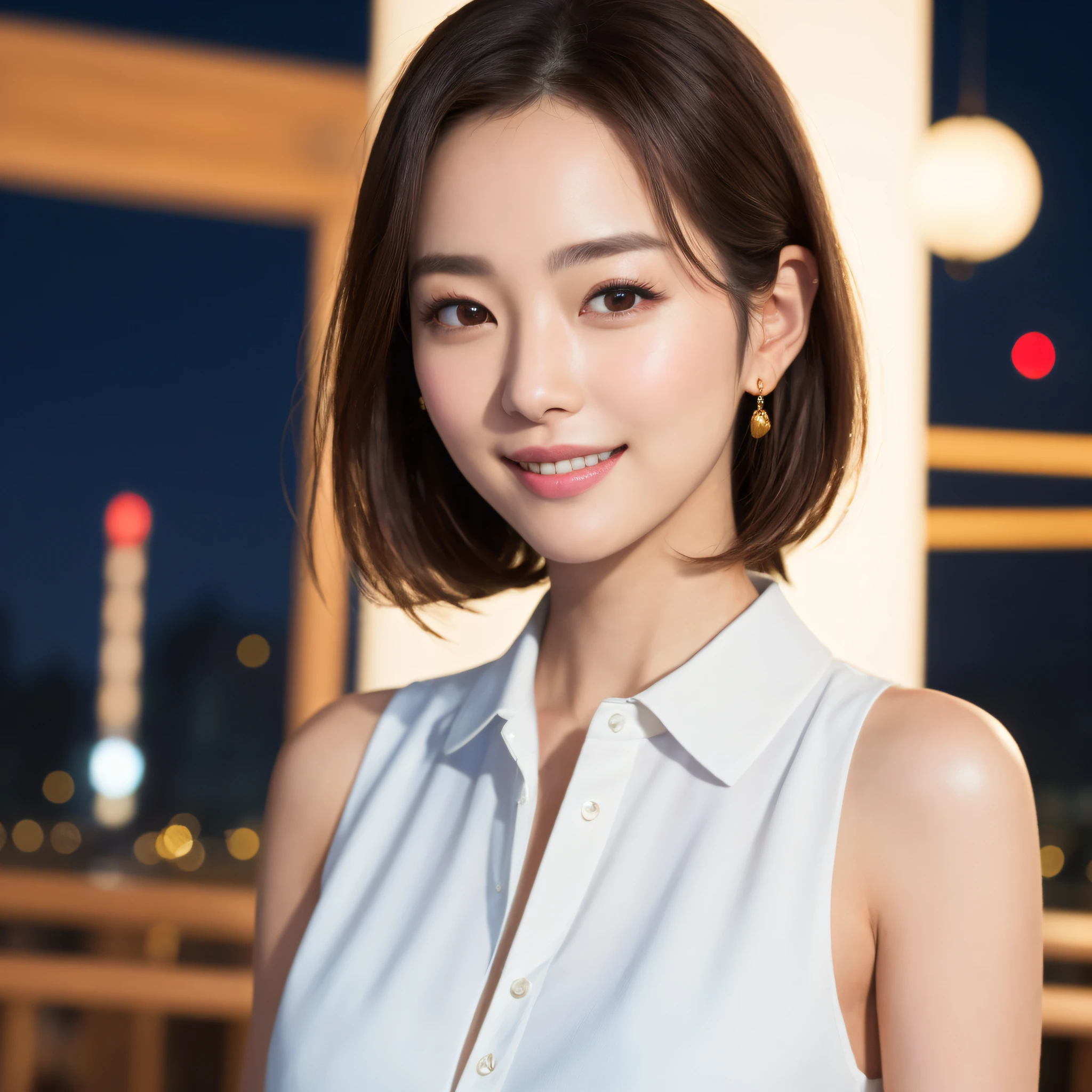 One lady、((best qualtiy、8k masterpieces:1.3))、foco nítido:1.2、(ultra beautiful faces:1.0)、(shinny skin:1.0)、photos realistic、A dark-haired、Video Lighting、High-definition eyes and face、Video Lighting、(Korean Cute Actress)、from the front side、medium breasts、(ssmile:1.2)、Sleeveless、Slender Abs Beauty、Whole body、Wearing a white blouse、in tokyo at night