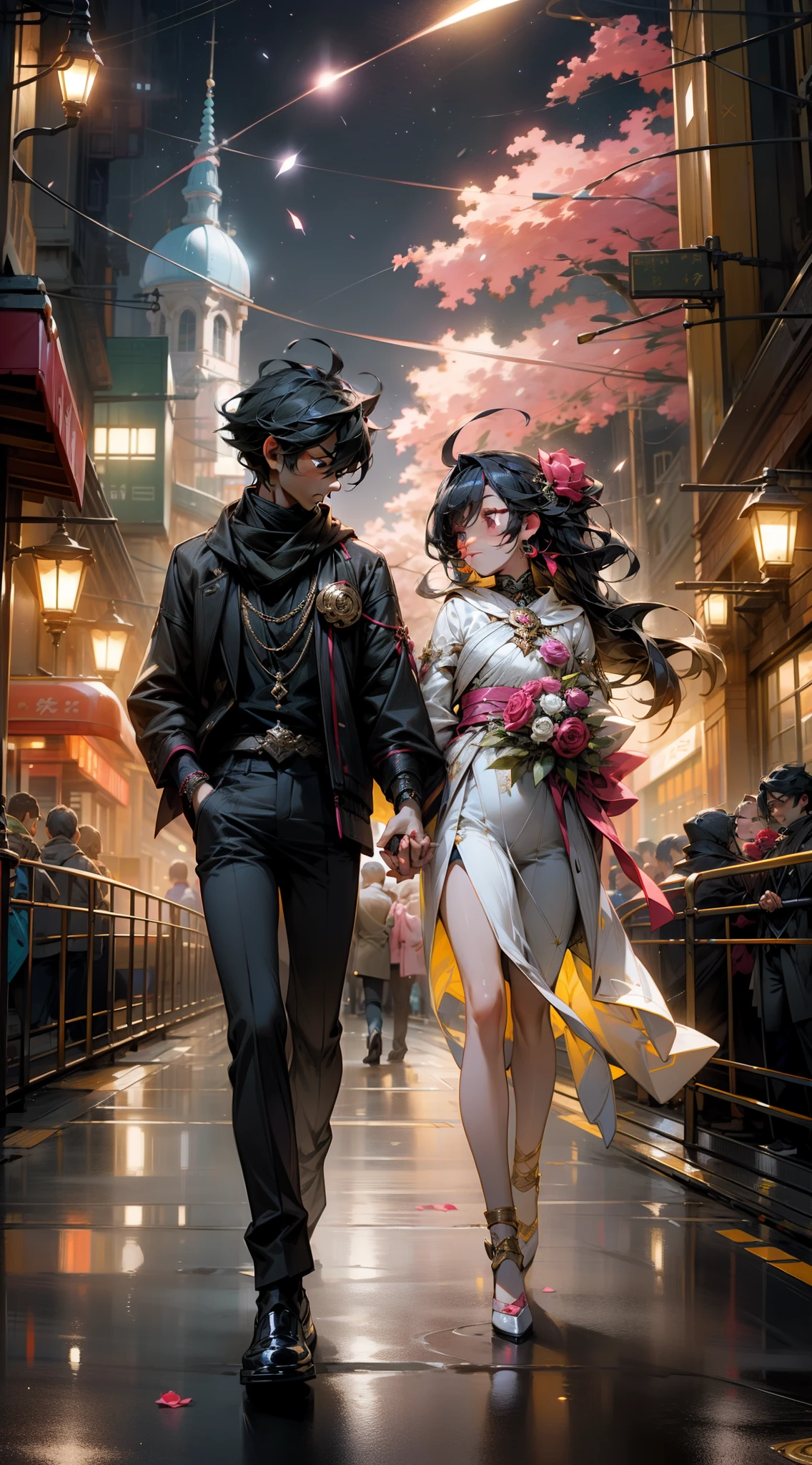 Romantic Tanabata,modern urban,peaceful night,The stars shine,Couples strolling hand in hand,Red rose,neon streetlights,Boys and girls clasp their fingers,Natural light,plethora of colors,Rich in elements,Meticulous facial features,Ultra-high sharpness、k hd、8K、