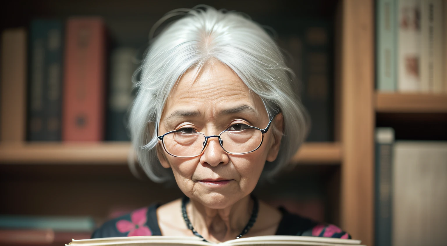 (Look at the camera head-on) An older woman holds a thick book,Asian woman Chinese elegant woman sitting in front of a bookcase ,facing at camera。Ultra-real dignified elegance, ultra-real cinematic. Silver hair, White hair, Short hair, hair splayed out, Expressive hair, hair adornments, jewelry, bead necklace, Light smile, Constructivism, Social realism, Verism, filmgrain, multiple monochrome, anaglyph, Cinematic lighting, light and dark, portrait featured on unsplash, Old lady, Old woman, looking old, 50mm portrait, an older woman reading a book in front of a bookcase, sportrait, Color: High-contrast cinematic,The sense of cinema is strong, the dark tone is the appearance of the old man, Old lady, Portrait shooting, Asian woman Asian woman, Elegant Chinese woman, Close portrait, white haired lady