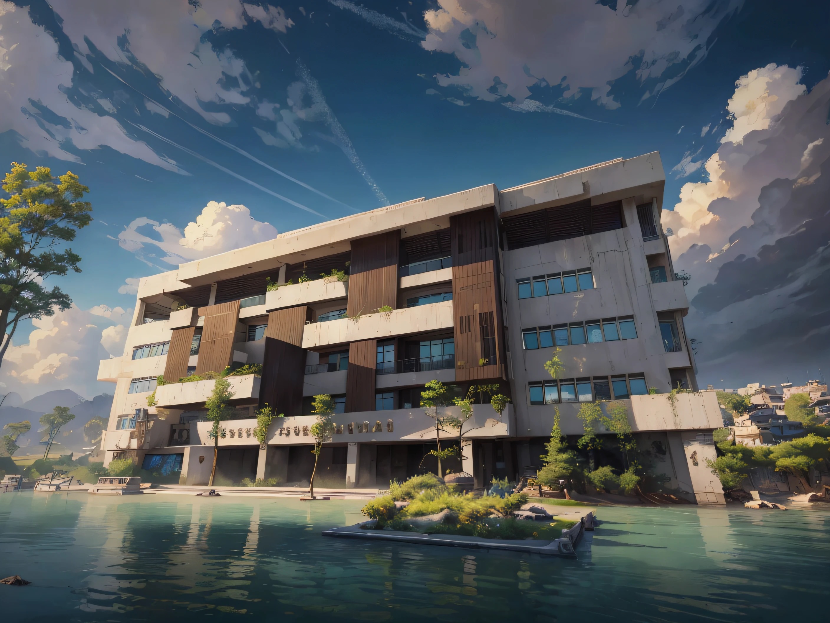 (masterpiece, best quality, high quality: 1.4), professional art, intricate details, field of view, sharp focus, detailed painting, masterpiece, cinematic lighting, technology trend, rpg, anime format, scenery, technology building, white building