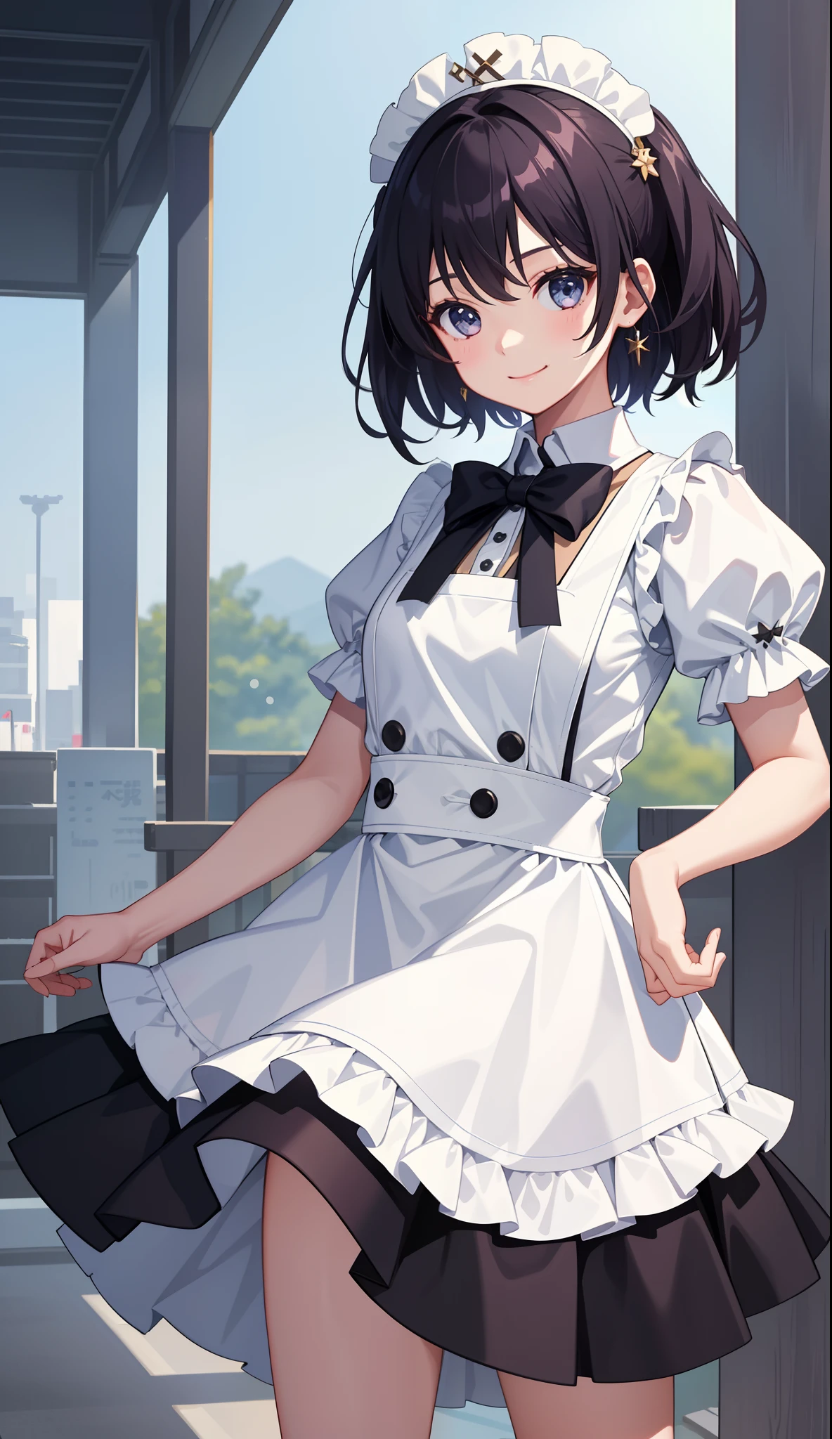 1girl in、A smile、A delightful!　The shirt、skirt by the、（small tits）pinafore、doress、hair adornments、（Maids）、