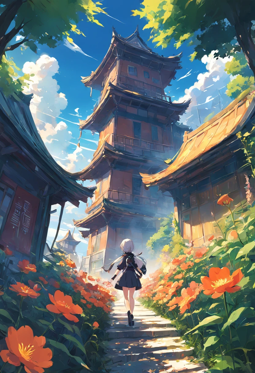 Background Illustration, concept-art, shootout, 废墟, Tall structures, Summer scenery, Dynamic angle, Junior Army, Colorful flowers。