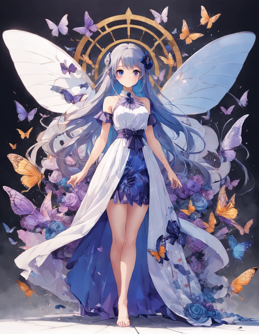 (Golden Ratio: 1.2), (Rose Graffiti: 1.2), (Fault Color: 1.3), [（white backgrounid：1.5）：：5], (Full Body: 1.2), ((Masterpiece, Highest quality)), Detailed face, Full of details, full body, a woman in a long blue and white dress mixed with purple color, Full of details, pretty eyes, butterfly theme, Skirts of various materials, Different fabrics, long dress, detailed full body concept art, outfit design, wearing fantasy formal clothing, holding an umberella, long hair, butterfly dress, ice element