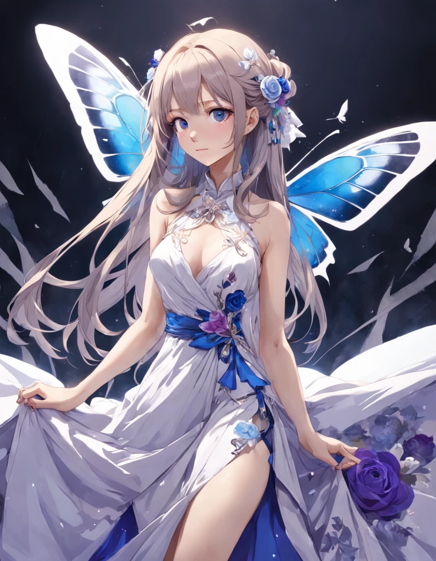 (Golden Ratio: 1.2), (Rose Graffiti: 1.2), (Fault Color: 1.3), [（white backgrounid：1.5）：：5], (Full Body: 1.2), ((Masterpiece, Highest quality)), Detailed face, Full of details, full body, a woman in a long blue and white dress mixed with purple color, Full of details, pretty eyes, butterfly theme, Skirts of various materials, Different fabrics, long dress, detailed full body concept art, outfit design, wearing fantasy formal clothing, holding an umberella, long hair, butterfly dress, ice element