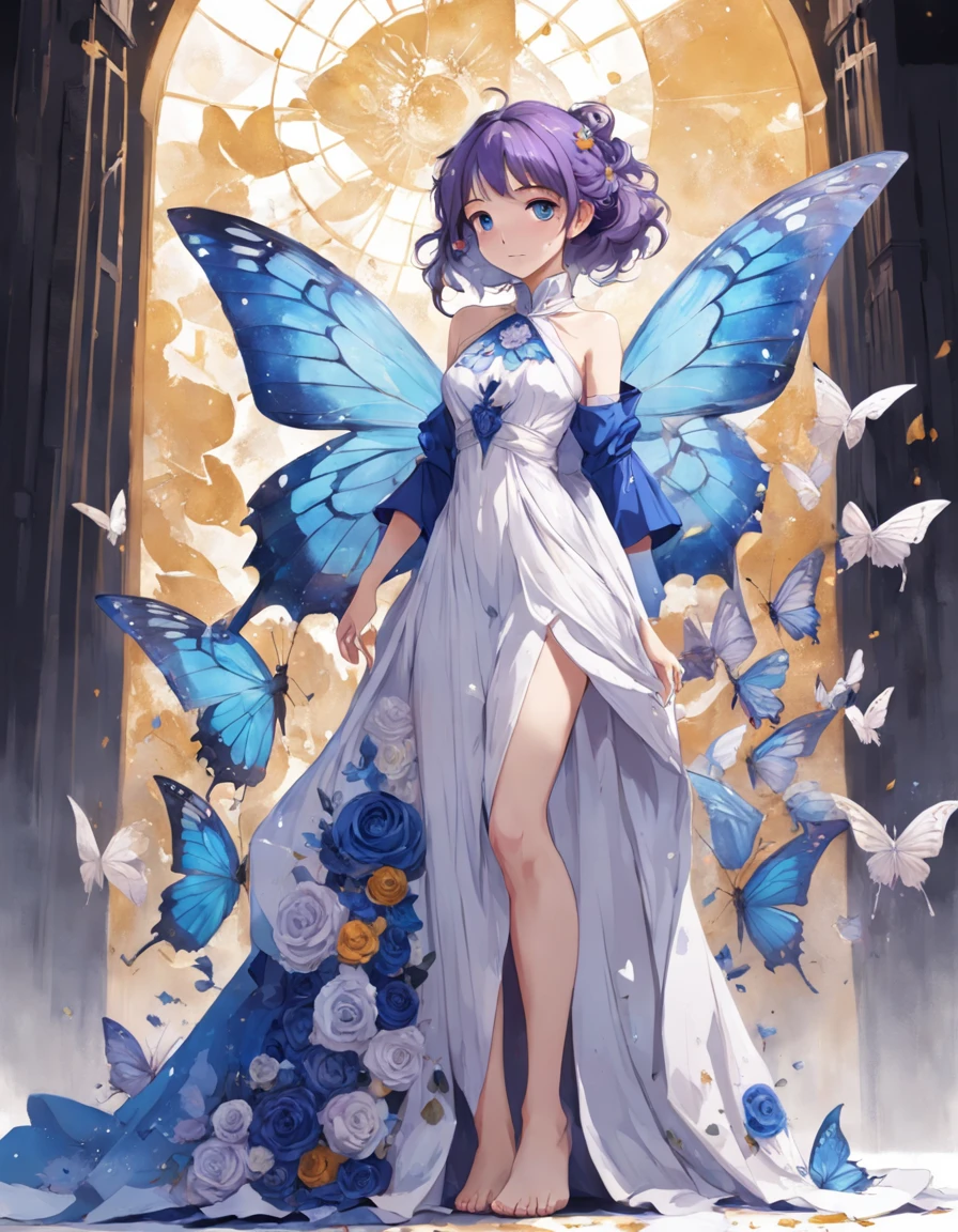 (Golden Ratio: 1.2), (Rose Graffiti: 1.2), (Fault Color: 1.3), [（white backgrounid：1.5）：：5], (Full Body: 1.2), ((Masterpiece, Highest quality)), Detailed face, Full of details, full body, a woman in a long blue and white dress mixed with purple color, Full of details, pretty eyes, butterfly theme, Skirts of various materials, Different fabrics, long dress, detailed full body concept art, outfit design, wearing fantasy formal clothing, holding an umberella, long hair, butterfly dress, ice element