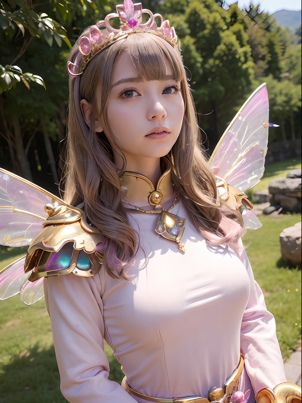 (masutepiece), Professional , masterpiece、top-quality、photos realistic , depth of fields (Gemstone Silver Metal Body:1.9),(Matte Pink、Jewel Gold Weapon、(Gorgeous castle background)、(ultimate beauty girl)、(Iridescent fairy wings grow on the back)、(Jewel Metal Body:1.9),Gorgeous Jewel Metal Weapons , Detailed Sword of the Brave ,( a blond) ,warhammer 40k , adepta sororitas,Detail and ornate jewel crown、独奏、Brown hair、(Gangle's forest background)、Beautiful Caucasian beauty、1a person、dynamic ungle,(((Diamond tiara with detail and luxury)))、a small face、Powerful poses、(Gorgeous castle background)、huge filesize、20 year old beautiful woman、Stand in the center of the screen、Thin female fingers、Straight long hair、Beautiful Caucasian beauty、Valley、Hair fluttering in the wind、