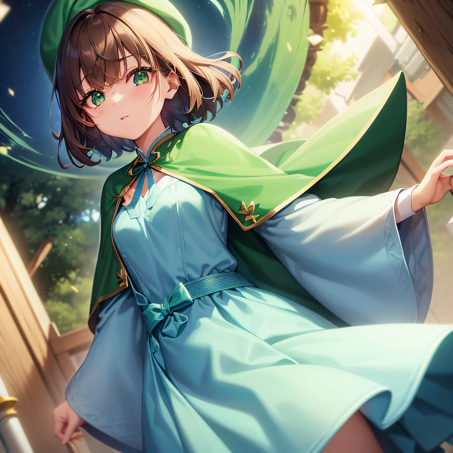 top-quality、extremely delicate and beautiful、((One age Girl))、Green eyes、Small breasts、Short hair、Brown hair mixed in、Short hair、(Green Wizard Hat)、(a large blue ribbon on the head)Soio、Green clothing、long-sleeve、Red brooch on the neck、((Blue wizard robe dressed in green))、Standing