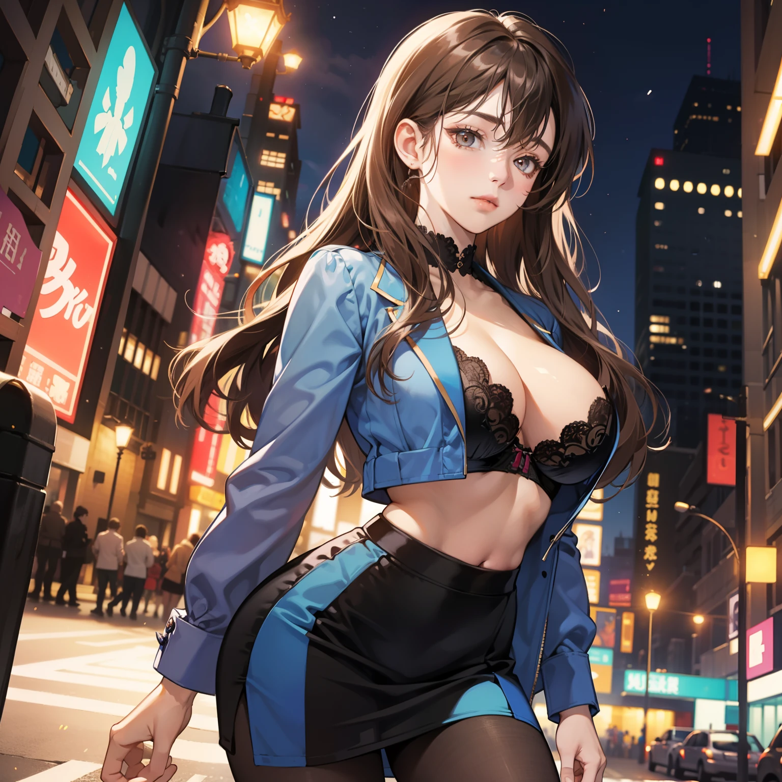 Bewitching busty woman in blue suit and tight skirt、Black tights,Inviting look、Show off your chest、A slightly visible bra with a shirt and brown hair,Ecchi anime style,Kamimei,Red Light District at Night,neons、Bokeh in the background