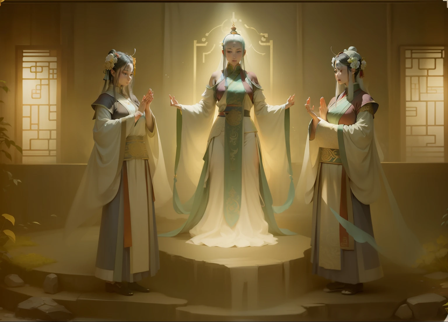 an ancient Chinese goddess , 3 monks , standing prayer , triangle , magic , 2d style