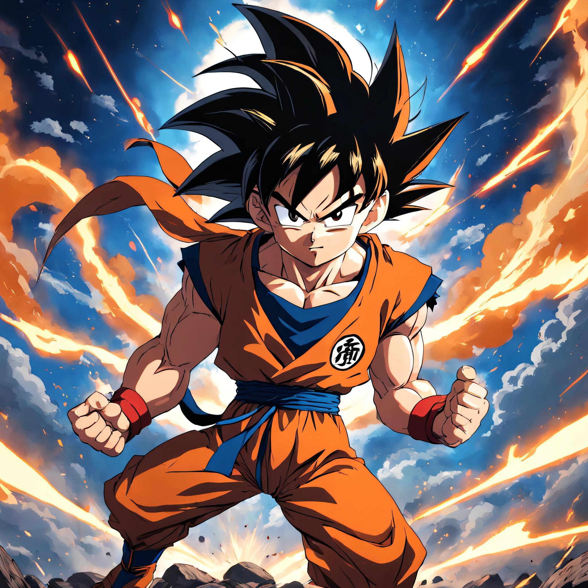 Goku in a positive pose, at the battlefield, Produced by Akira Toriyama