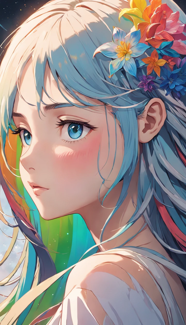 (masterpiece、Highest quality、Highest quality、Beautiful and beautiful:1.2)、Excellent anatomy、(Watercolor painting 1.5)、Long Shot、straight short hair images、Trendy Hair Color, Beautiful Face、Beautiful profile, Look up at the sky, I pray, Fairy, 蝶のFairyのコスチューム、Pure white、Pure、charm, Colorful flowers of different colors, Flower and leaf wind、Botanical Art,