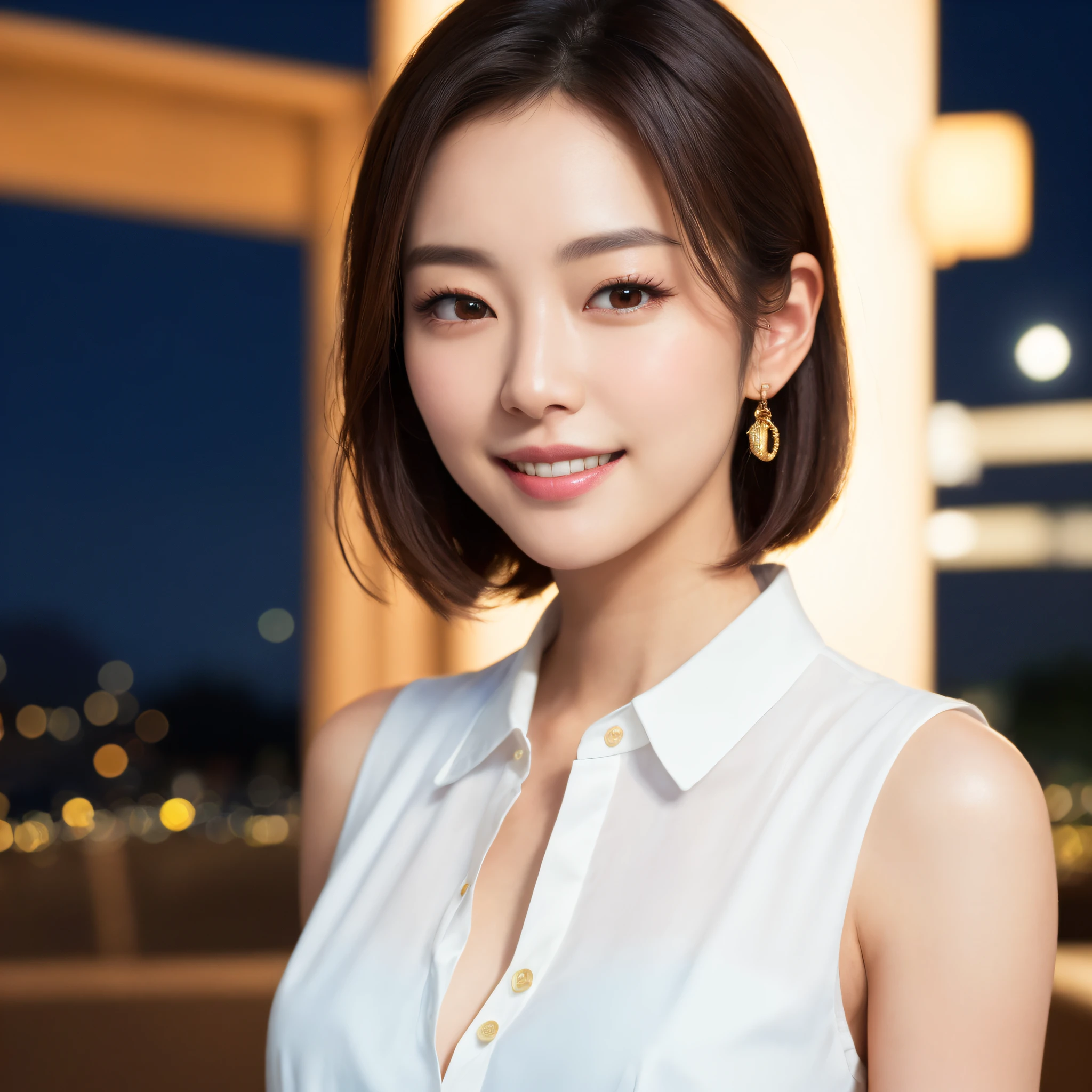 One lady、((best qualtiy、8k masterpieces:1.3))、foco nítido:1.2、(ultra beautiful faces:1.0)、(shinny skin:1.0)、photos realistic、A dark-haired、Video Lighting、High-definition eyes and face、Video Lighting、(Korean Cute Actress)、from the front side、medium breasts、(ssmile:1.2)、Sleeveless、Slender Abs Beauty、Whole body、Wearing a white blouse、in tokyo at night