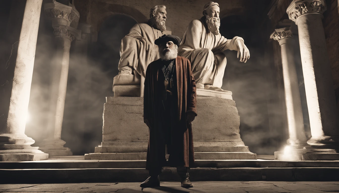 Best quality, Masterpiece, statue Portrait of a ancient philosopher wearing historical clothes beside Contemporary philosopher from the 20th century wearing modern clothes, both of them looking to the camera, dark background, cinematic lighting, true colors , (photograph realistic:1.4), surrealism, Dream-like, fusionart, Shadowdancer, shadow magic, darkness control, stealth, shadowstep, umbral spells, hidden blade,