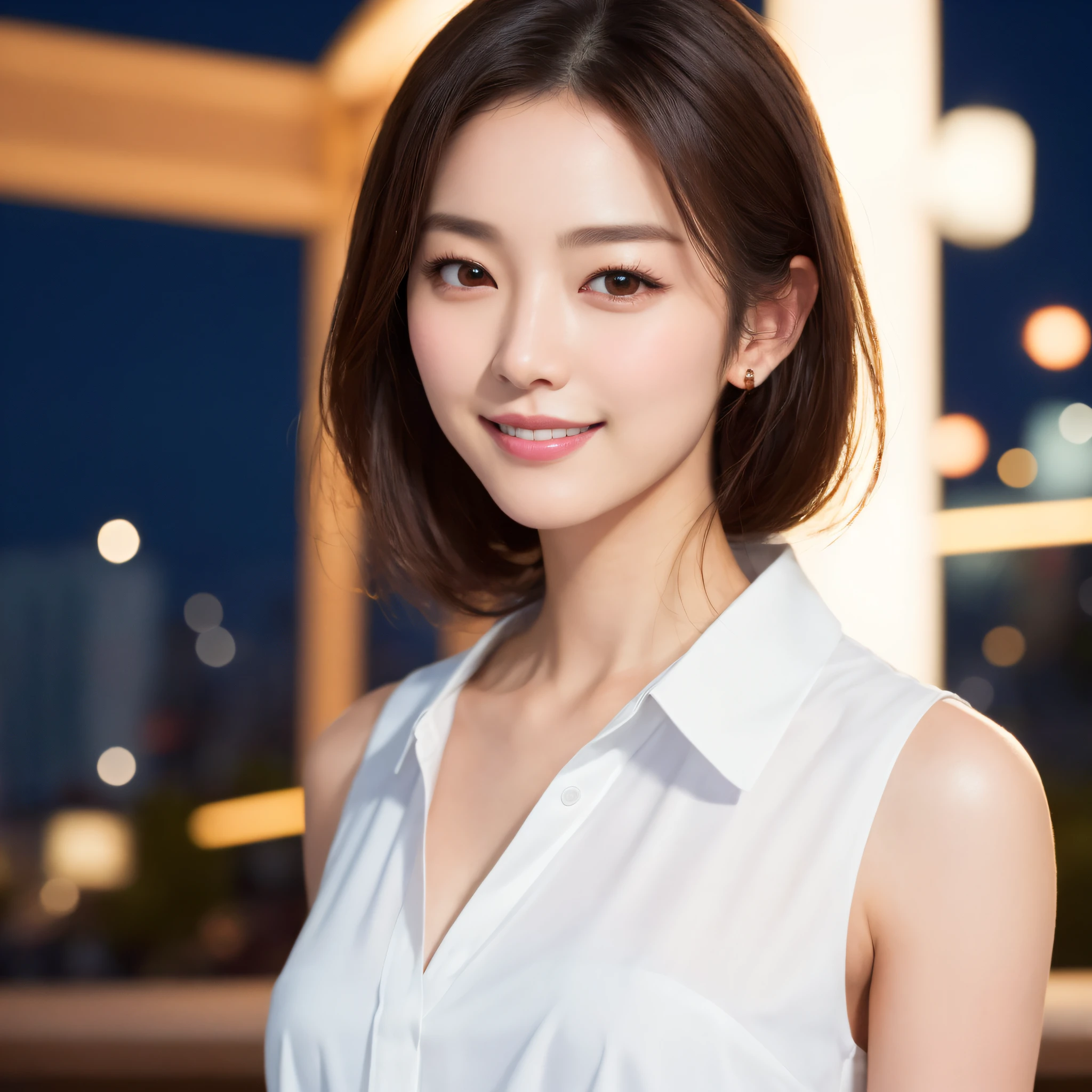 One lady、((best qualtiy、8k masterpieces:1.3))、foco nítido:1.2、(ultra beautiful faces:1.0)、(shinny skin:1.0)、photos realistic、A dark-haired、Video Lighting、High-definition eyes and face、Video Lighting、(Korean Cute Actress)、from the front side、medium breasts、(ssmile:1.2)、Sleeveless、Slender Abs Beauty、Whole body、Wearing a white blouse、in tokyo at night