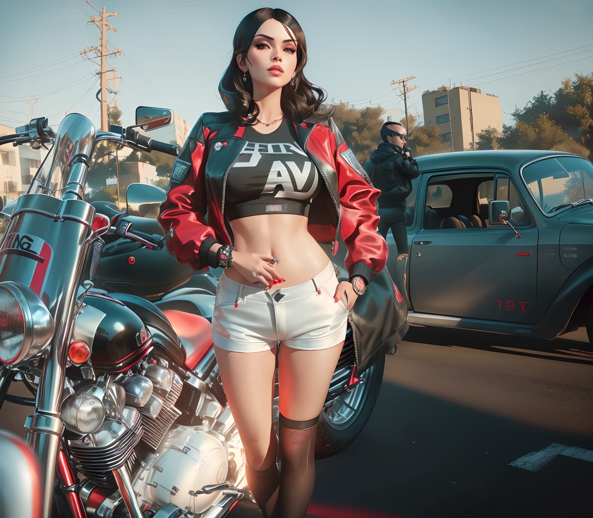 woman in black and red jacket standing next to motorcycle on street, gta v street style, style of gta v artworks, 4k fashion shoot, fashion shoot 8k, style of gta v, bra and shorts streetwear, taken with canon eos 5 d mark iv, shot on canon eos r 5, shot on canon eos r5, as a character from gtav