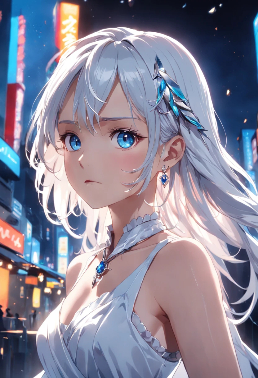 masterpiece, best quality, illustration, sax blue, platinum earrings, platinum necklace, white dress, 1girl, cute, (dynamic lighting:1.2), cinematic lighting, delicate facial features, detailed eyes, sharp pupils, realistic pupils, depth of field, bokeh, sharp focus, (hyper-detailed, bloom, glow:1.4), many small gems