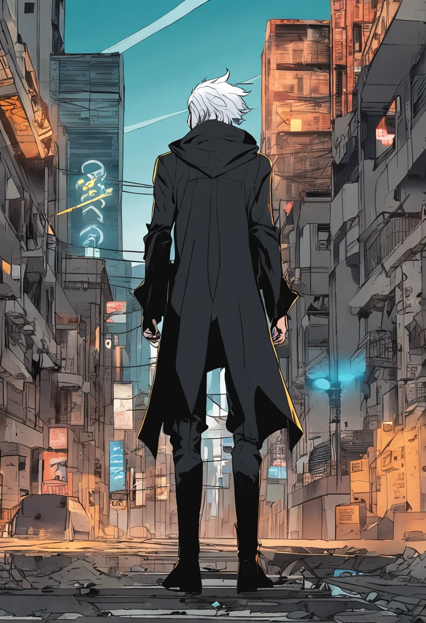 a 15-year-old man with light blue hair and black eyes, wears a black superhero outfit similar to a spy uniform with a tattered yellow cape, an aura of shadows appears behind him, his back on top of a building and is watching a city in ruins, anime, novel cover