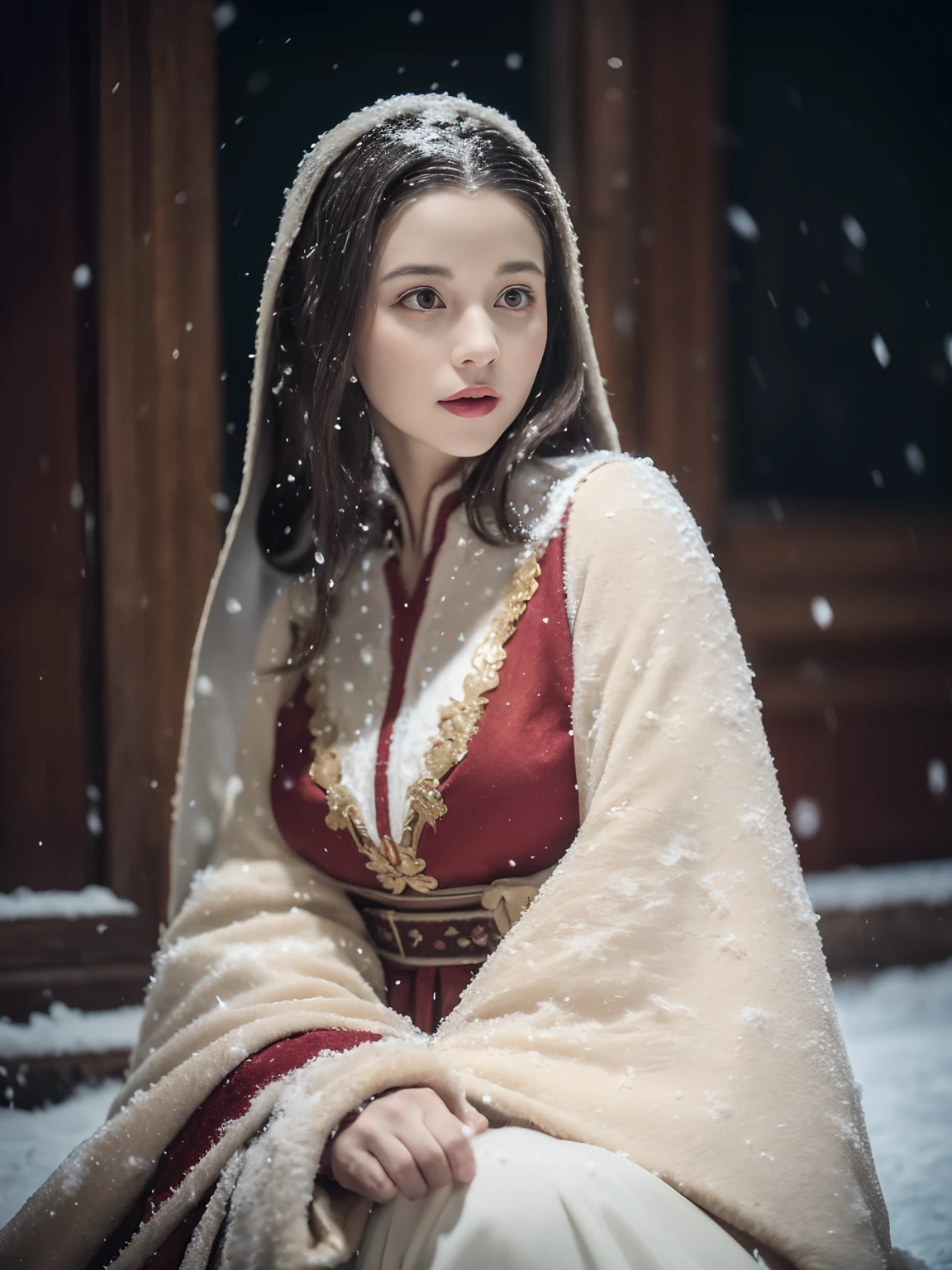 Kizi,Old European-style castle,Squat and sit,Bare legs,((outside,Actual heavy snowfall,cloaks,Cover with snow,Lolita costume,Large breasts, Horizontal viewing angle)), (full bodyesbian:1.5), fission, Brandon Flake, (8K, ........primitive, professional, best qualtiy, tmasterpiece: 1,2), (hentail realism, fotorealistisch: 1,37), Ultradetailliert, (35mm portrait wide angle), (Skin with the highest level of detail: 1,2), (The highest level of detail in the dial:1.2), cinmatic lighting, (ventania), natta, warm white light, looks into camera, Naughty Poses