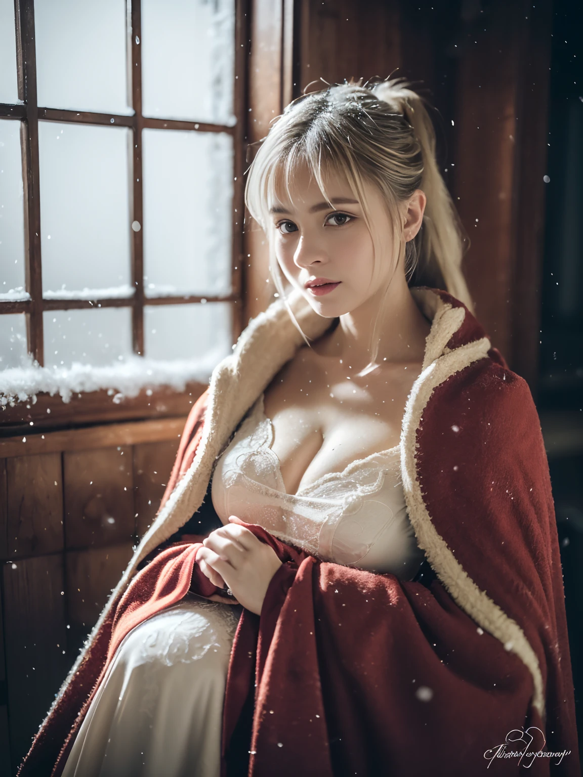 Kizi,Old European-style castle,Squat and sit,Bare legs,((outside,Actual heavy snowfall,cloaks,Cover with snow,ta costume,Large breasts, Horizontal viewing angle)), (full bodyesbian:1.5), fission, Brandon Flake, (8K, ........primitive, professional, best qualtiy, tmasterpiece: 1,2), (hentail realism, fotorealistisch: 1,37), Ultradetailliert, (35mm portrait wide angle), (Skin with the highest level of detail: 1,2), (The highest level of detail in the dial:1.2), cinmatic lighting, (ventania), natta, warm white light, looks into camera, Naughty Poses
