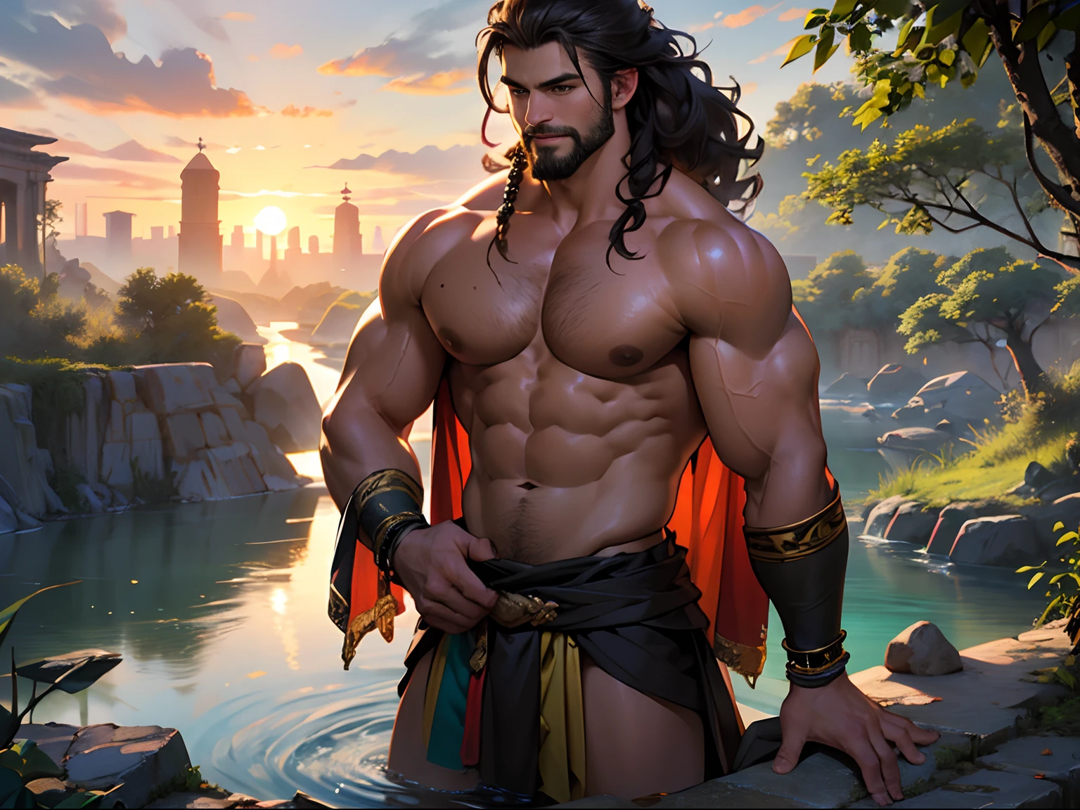 Muscular barbarian, partially upper body, lower body uncovered from thighs to feet, bearded with beads, long flowing curls, intricate muscular details, photorealistic artwork, 4K quality. Background: ancient kingdom with vibrant green vegetation, 32k uhd, best quality, masterpiece, super detail, high details, king of the tribe, tribal accessories, prideful, powerful, masculine, sexy, happy face, naked, sunset, majestic feeling, wide-angle shot, ancient city view, standing on high vantage point to overlook the city, a river going through the city