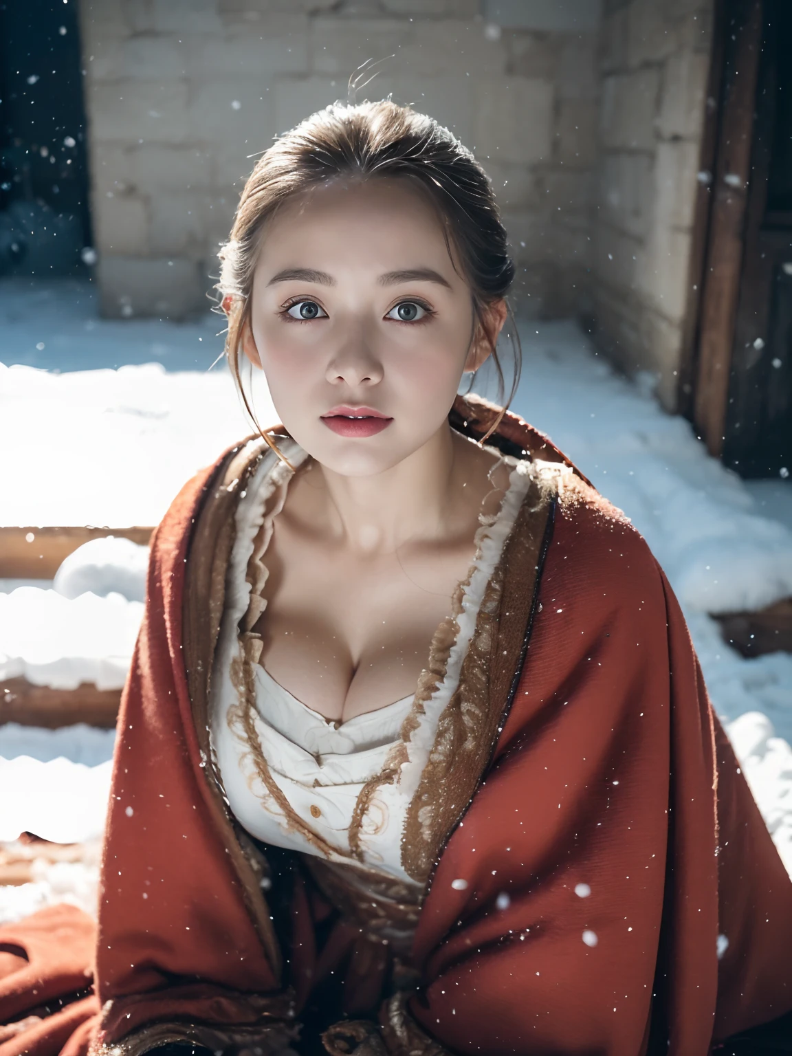 Kizi,Old European-style street,ladder,Squat and sit,Bare legs,((outside,Actual heavy snowfall,cloaks,Cover with snow,Lolita costume,Large breasts, Horizontal viewing angle)), (full bodyesbian:1.5), fission, (8K, ........primitive, professional, best qualtiy, tmasterpiece: 1,2), (hentail realism, fotorealistisch: 1,37), Ultradetailliert, (35mm portrait wide angle), (Skin with the highest level of detail: 1,2), (The highest level of detail in the dial:1.2), cinmatic lighting, (ventania), natta, warm white light, looks into camera, Naughty Poses