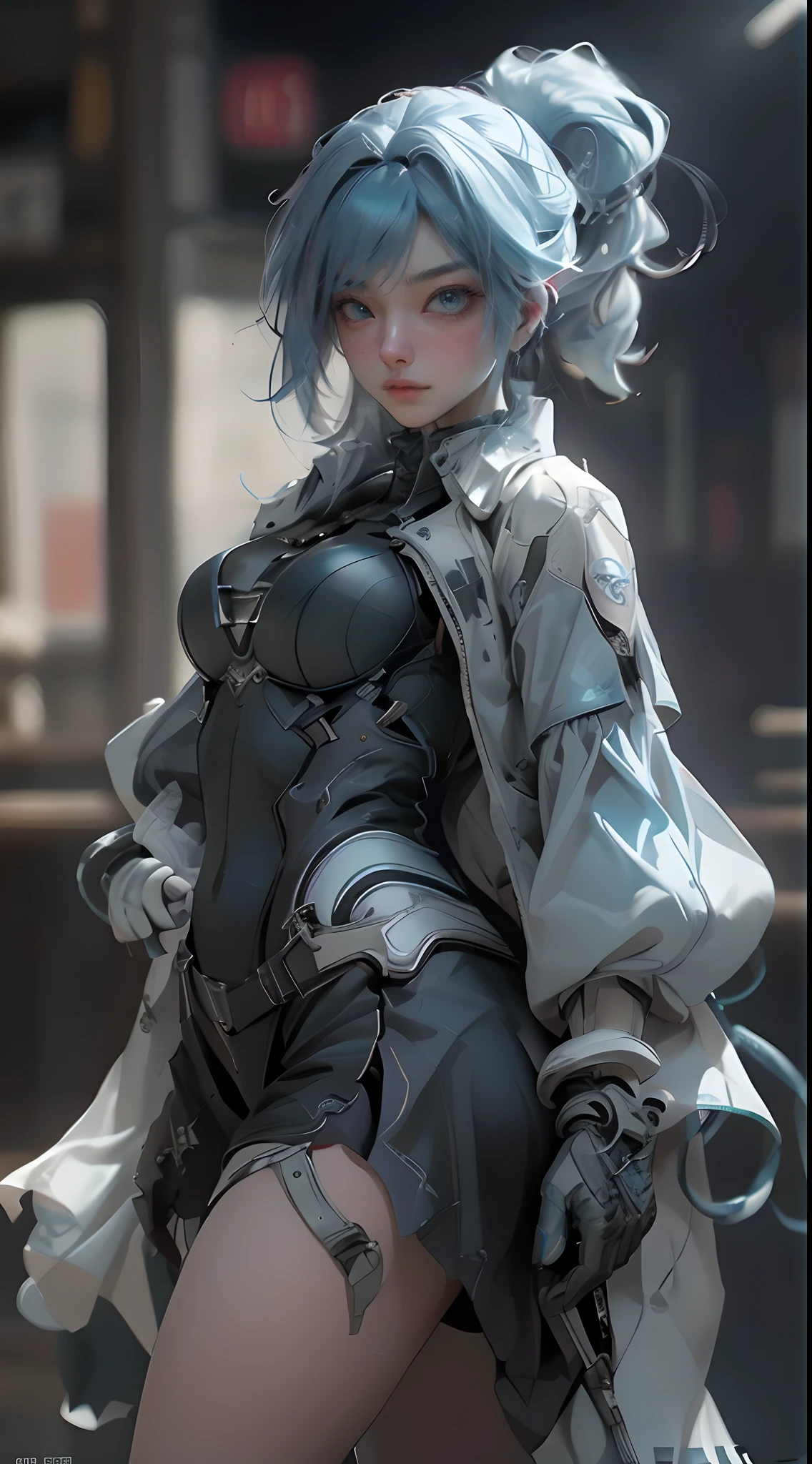 unreal engine:1.4,UHD, ultra realistic 16k cg,Best quality:1.4, photorealistic:1.4, skin texture:1.4,((Best Quality)), ((Masterpiece)), (Detail: 1.4), 3D,posing from behind A Beautiful Cyberpunk Female Figure, Blue Hair, Mercenary Armor, Cat Ears, HDR (High Dynamic Range), Ray Tracing, NVIDIA RTX, Super-Resolution, Unreal 5, Subsurface Scattering, PBR Texture, Post-Processing, Anisotropic Filtering, Depth of Field, Maximum Sharpness and Sharpness, Multi-layer Texture, Albedo and Highlight Map, Surface shading, Accurate simulation of light-material interactions, Perfect Proportions, Octane Render, Dichroic Light, Large Aperture, Low ISO, White Balance, Rule of Thirds, 8K RAW,