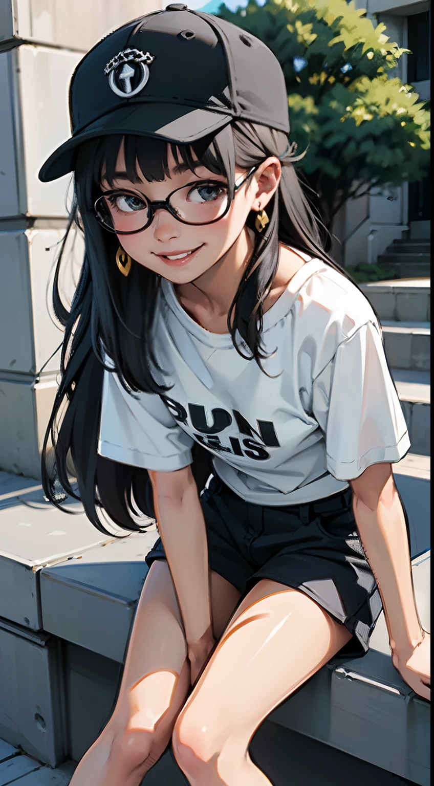 {{{masterpiece}}}, {{{best quality}}}, {{ultra-detailed}}, {illustration}, {{an extremely delicate and beautiful}}, (Best quality, 8k, 32k, Masterpiece, UHD:1.2),Photo of Pretty Japanese woman, top quality, , best quality, realistic, unity, 8k wallpaper, official art, extremely detailed wallpaper,1girl,((boyish)),13yo, beautiful teeth,solo,,very absurdly long hair, multi hair color,(baseball hat:1.1),misaligned glasses,earrings,(blunt bangs:1.2),looking at viewer, (smile:1.3),(high detailed skin),realistic body,((stoop)),( small breasts),(:1.1), cute girl, famous japanese idol,downblouse,loose t-shirt,,(low view), leaning forward,,,