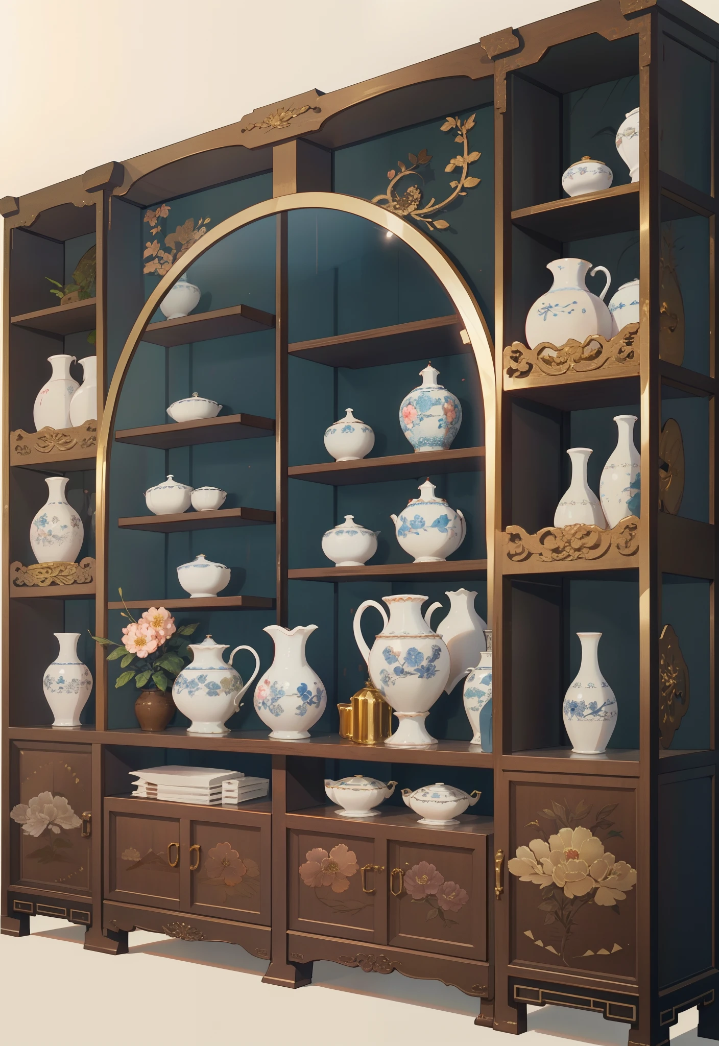 There is a large wooden cabinet，There is a mirror on it, rendered in 3 dsmax, raytraced 3d set design, Rendered in V-Ray, Render in Vray, vray rendered, highly detailed render, very detailed render, high poly vray render, rendering in Unreal Engine 6, in style of 3d render, stylized as a 3d render，Gold pattern，Golden decoration，Vases of different colors，wine jugs，Middle box，Blue and white porcelain，Chinese style，Gold accents，National style，red colour，National style，Landscape mural，Discs，Gold-tone pendant，vases，blossoms，Shot jug，