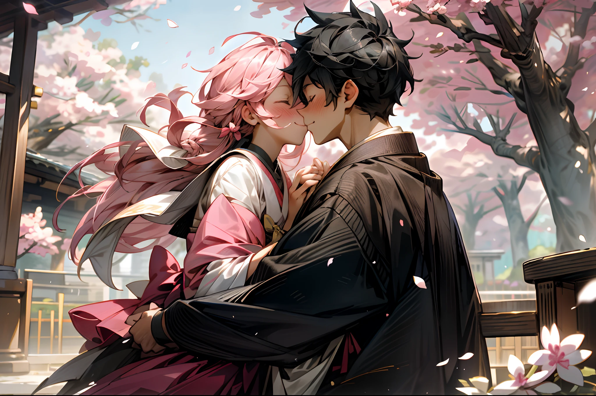 Tanabata,A boy and a girl,couple,Look at each other and laugh,Kissing the tip of the nose,ssmile,under a sakura tree,petals,Skysky,school ground,Romantic atmosphere,love heart,Sweet,Photographic lenses,Close-up of the shot,depth of fields,Best quality