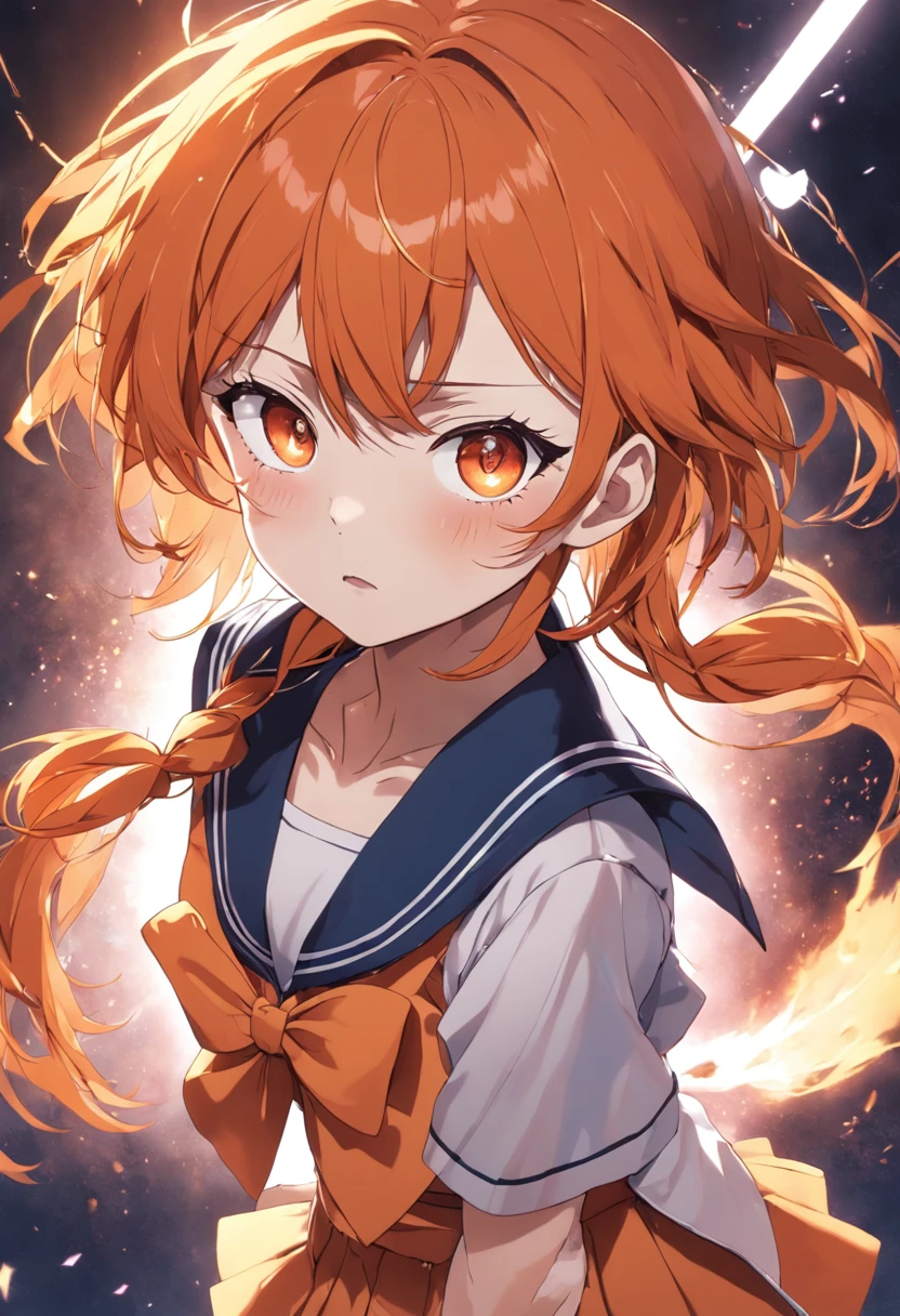 Big tits. Glasses. Orange eyes. Orange hair. Sailor's uniform. Magical girl. Weapon is an axe. Anime Girl. short hair. sailor's cap. anime style eyes. anime key visual. perfect pupil. solo.