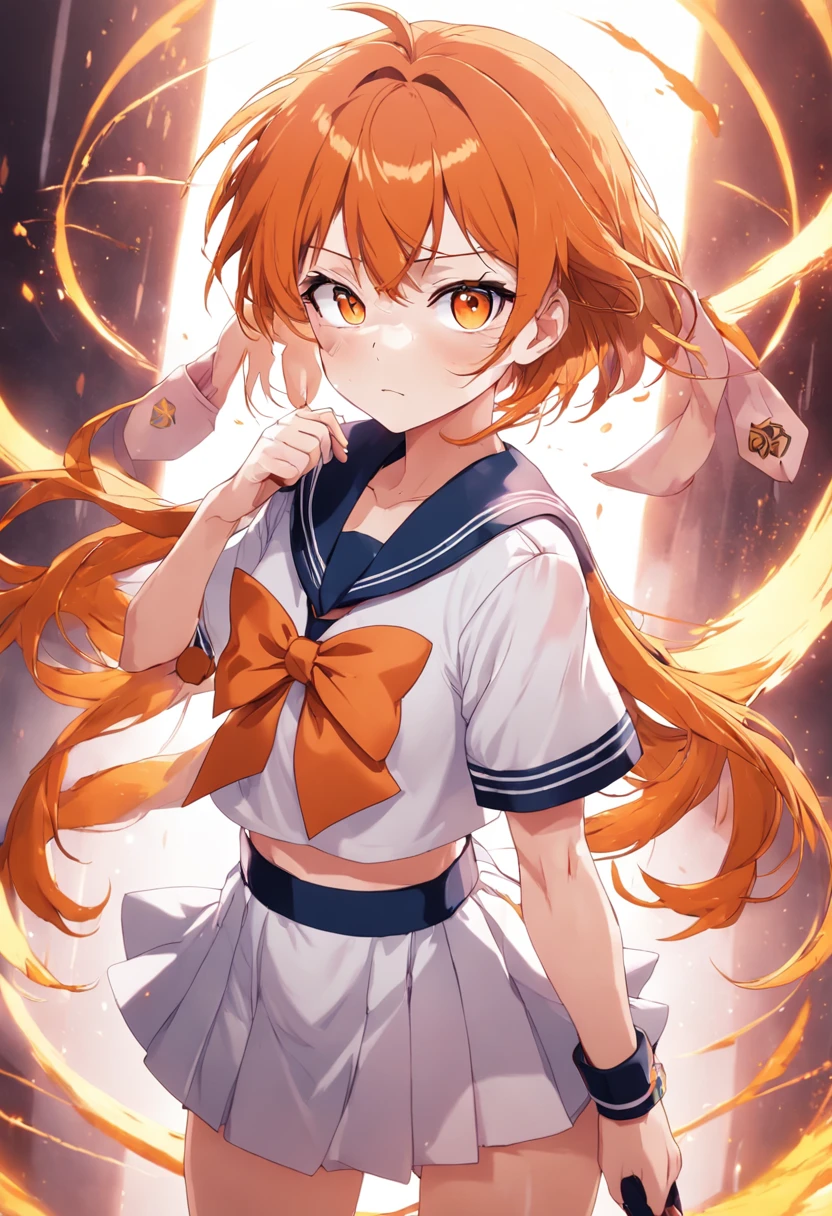 Big tits. Glasses. Orange eyes. Orange hair. Sailor's uniform. Magical girl. Weapon is an axe. Anime Girl. short hair. sailor's cap. anime style eyes. anime key visual. perfect pupil. solo.