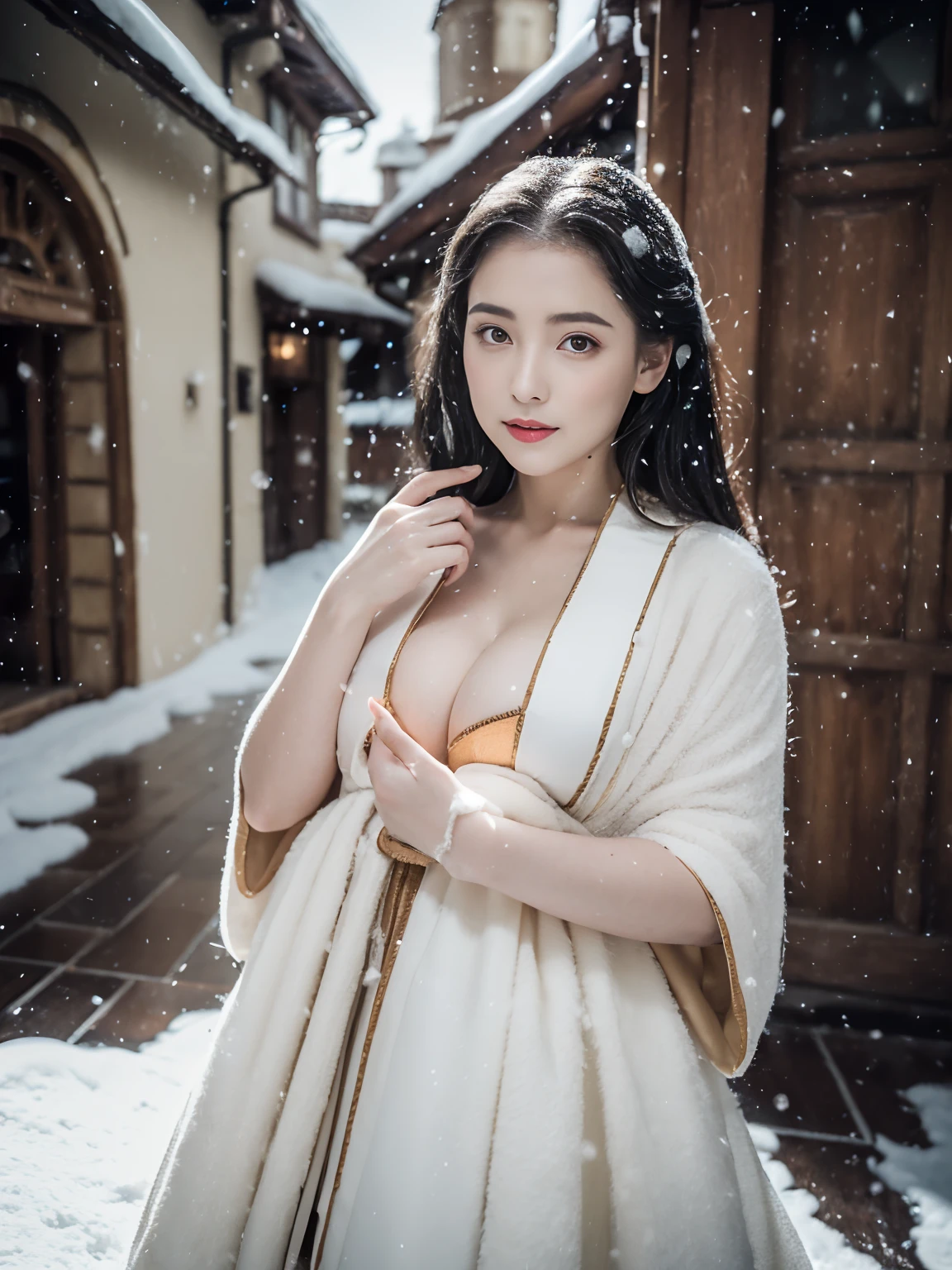 Kizi,Old European-style street,ladder,Squat and sit,Bare legs,((outside,Actual heavy snowfall,cloaks,Cover with snow,ta costume,Large breasts, Horizontal viewing angle)), (full bodyesbian:1.5), fission, (8K, ........primitive, professional, best qualtiy, tmasterpiece: 1,2), (hentail realism, fotorealistisch: 1,37), Ultradetailliert, (35mm portrait wide angle), (Skin with the highest level of detail: 1,2), (The highest level of detail in the dial:1.2), cinmatic lighting, (ventania), natta, warm white light, looks into camera, Naughty Poses