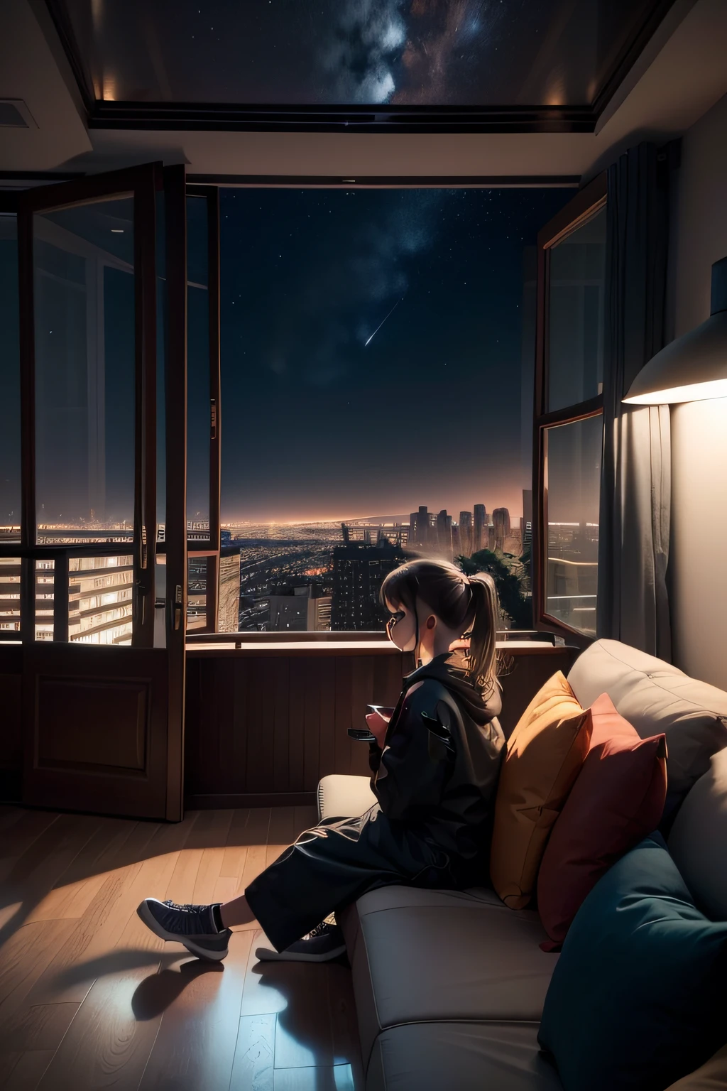 Girl watching TV on sofa,Boys busy in the kitchen,On the side are large floor-to-ceiling windows,The exterior is the night sky,Large balcony with plants,down view,planar