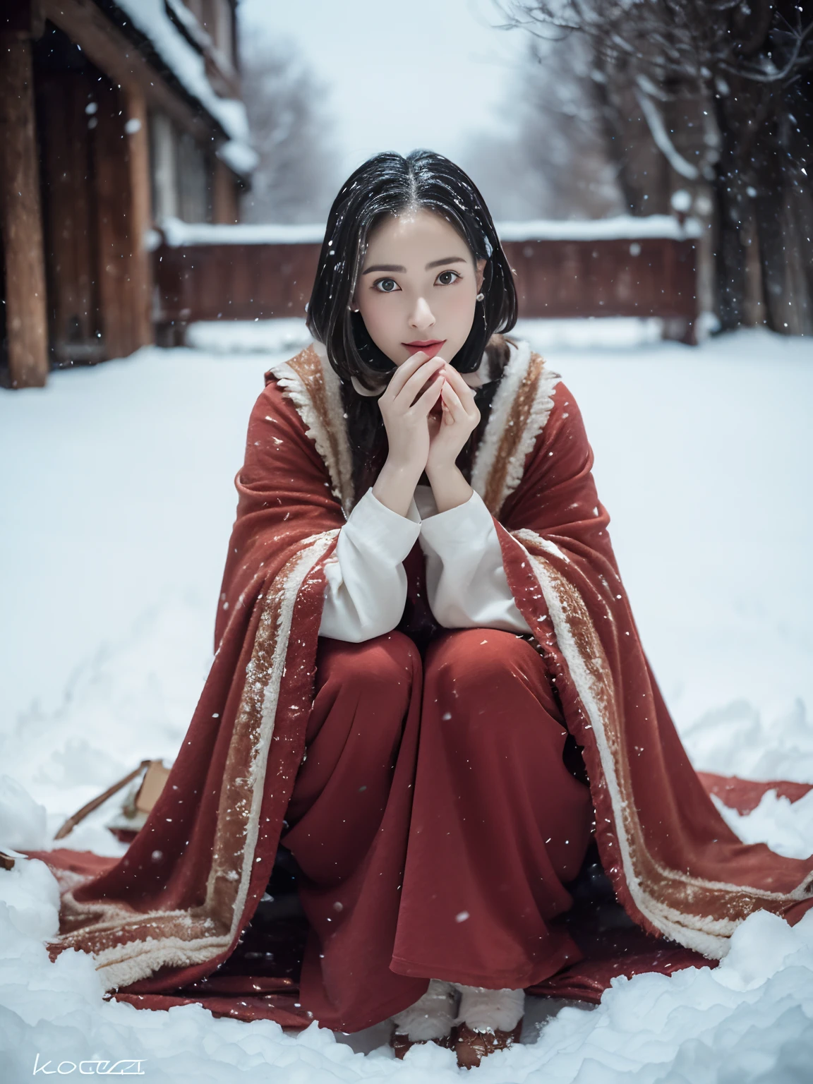 Kizi,Old European-style street,ladder,Squat and sit,Bare legs,((outside,Actual heavy snowfall,cloaks,Cover with snow,Lolita costume,Large breasts, Horizontal viewing angle)), (full bodyesbian:1.5), fission, (8K, ........primitive, professional, best qualtiy, tmasterpiece: 1,2), (hentail realism, fotorealistisch: 1,37), Ultradetailliert, (35mm portrait wide angle), (Skin with the highest level of detail: 1,2), (The highest level of detail in the dial:1.2), cinmatic lighting, (ventania), natta, warm white light, looks into camera, Naughty Poses