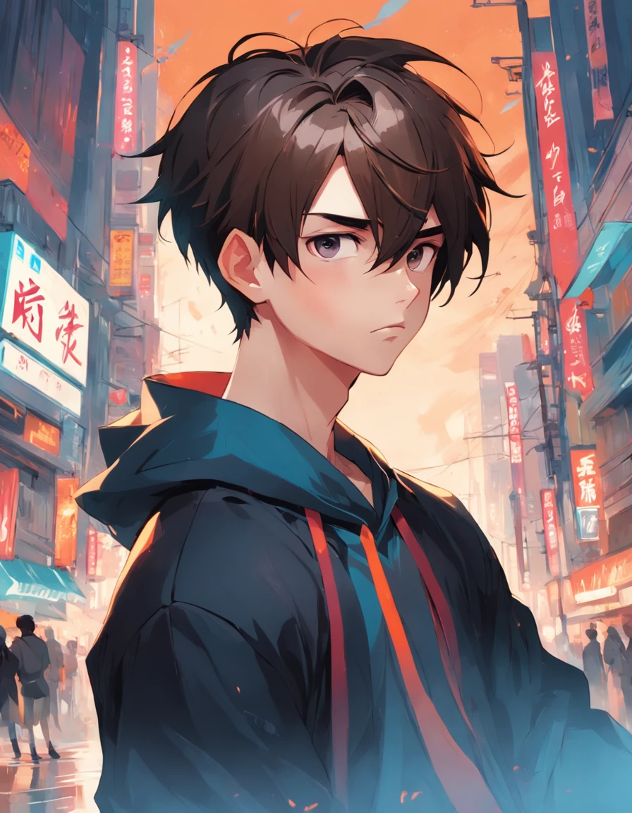 [by Artgerm and WLOP and Ilya Kuvshinov and RHADS and Loish and Rossdraws] by artist "anime", Anime Key Visual, Japanese Manga, Pixiv, Zerochan, Anime art, Fantia, young man with 20 years of short brown hair, (((full body))), black shirt, slim, Corte quiff