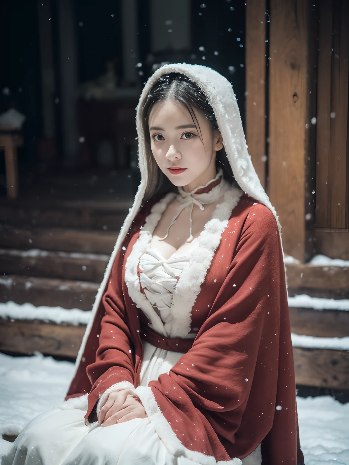 Kizi,Old European-style street,ladder,Squat and sit,Bare legs,((outside,Actual heavy snowfall,cloaks,Cover with snow,ta costume,Large breasts, Horizontal viewing angle)), (full bodyesbian:1.5), fission, (8K, ........primitive, professional, best qualtiy, tmasterpiece: 1,2), (hentail realism, fotorealistisch: 1,37), Ultradetailliert, (35mm portrait wide angle), (Skin with the highest level of detail: 1,2), (The highest level of detail in the dial:1.2), cinmatic lighting, (ventania), natta, warm white light, looks into camera, Naughty Poses
