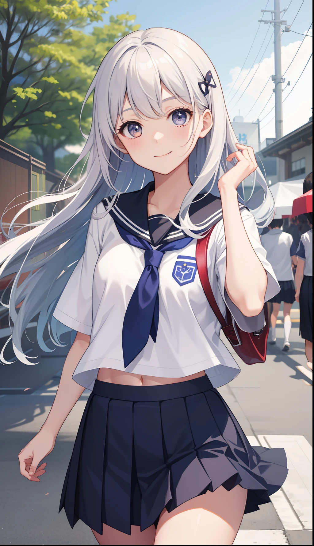 1girl in、A smile、The shirt、skirt by the、(small tits)Chilarism、Japan High School Student Uniform、serafuku、summer clothing、(Sheer Bra)、Upper body portrait、Dynamism!!Running with the wind、