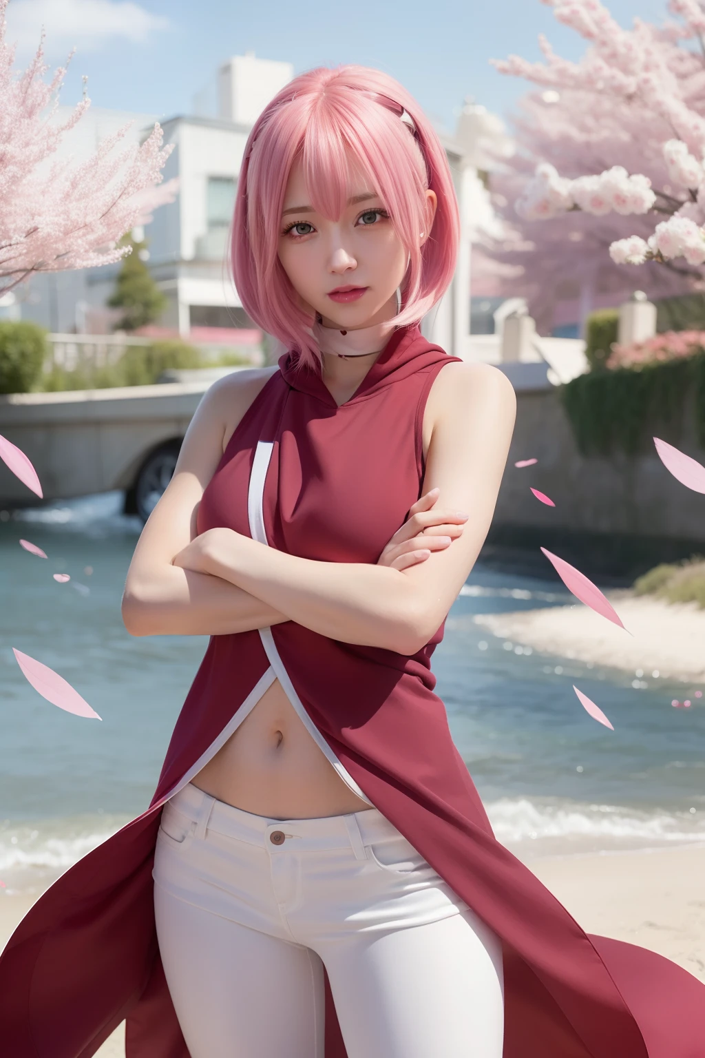 a close up of a person with long hair and a hoodie, sakura haruno, sakura haruno from naruto, from naruto, as an anime character, perfect anime face, she has pink hair with bangs, female anime character, anime character, anime best girl, hime cut hairstyle, pink hair, (red glossy lips:1.3), light green eyes, big breasts, realistic, ultra detail, indoor background