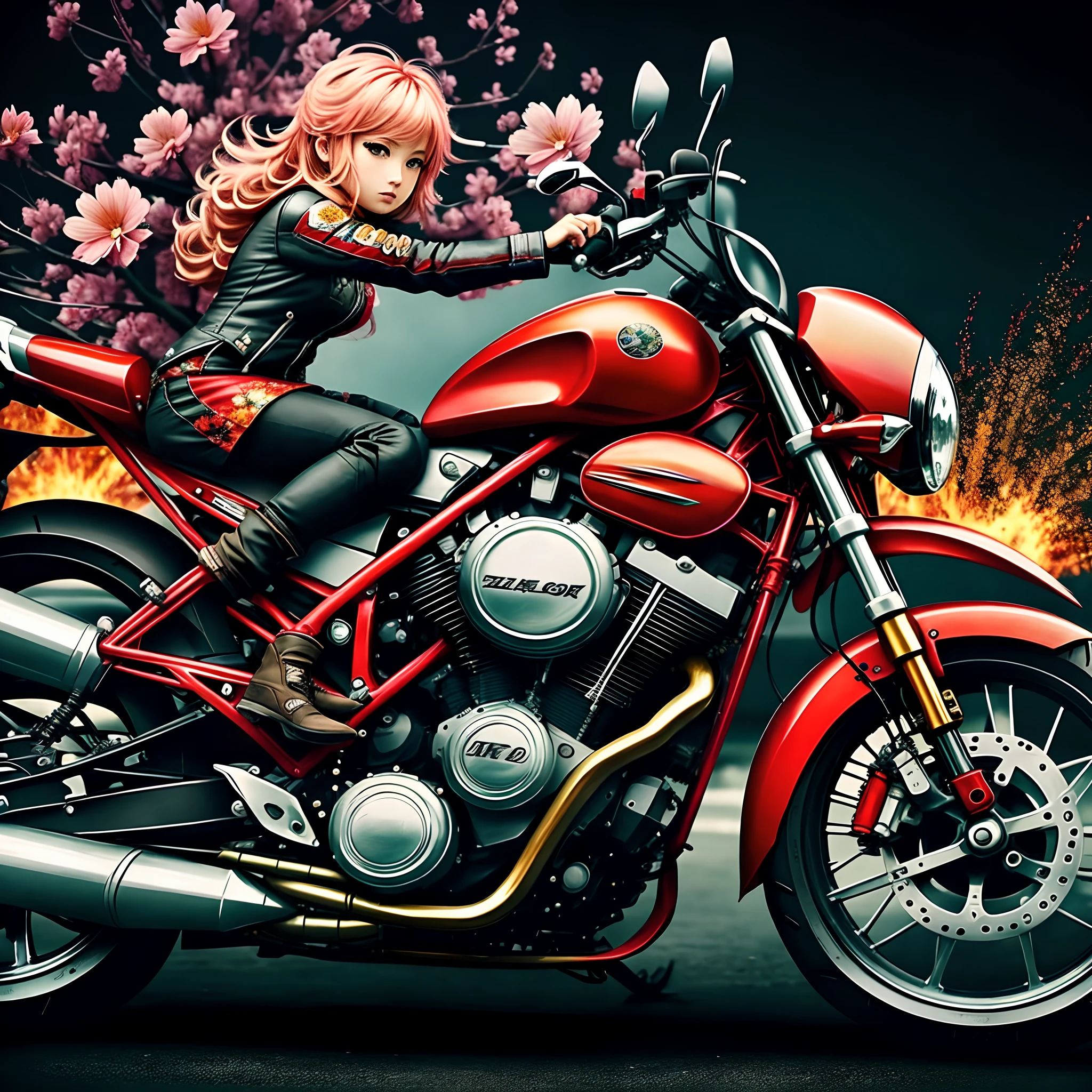 motorcycle,flower,character,Chibi,real,art, explosion,
yang08k, photography, beautiful,  colorful,realistic,
masterpieces, top quality, best quality, official art, beautiful and aesthetic,