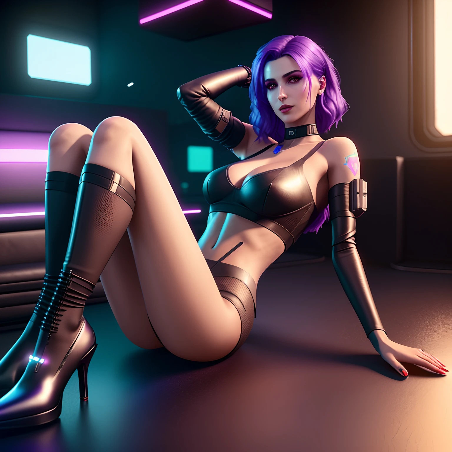 araffe woman in a black outfit, laying on her back, 8k sensual lighting, sexy dominant pose, seductive portrait, sexy pose, seductive cyberpunk dark fantasy, ultra realistic picture, cyberpunk 20 y. o model girl, very sexy pose, sensual pose, 3d render character art 8k, ultra realistic 3d illustration